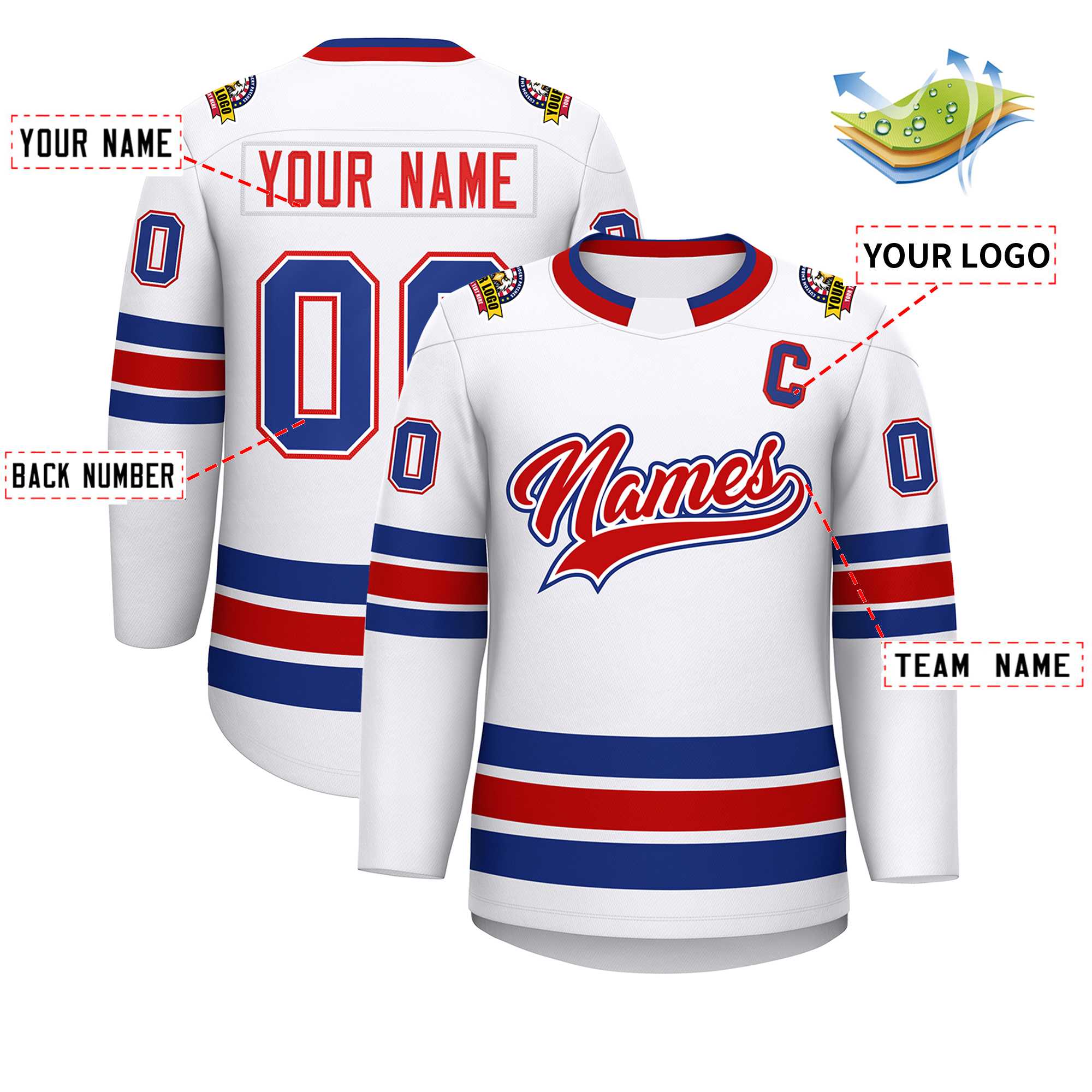 Maillot de hockey personnalisé blanc rouge blanc-Royal de style classique