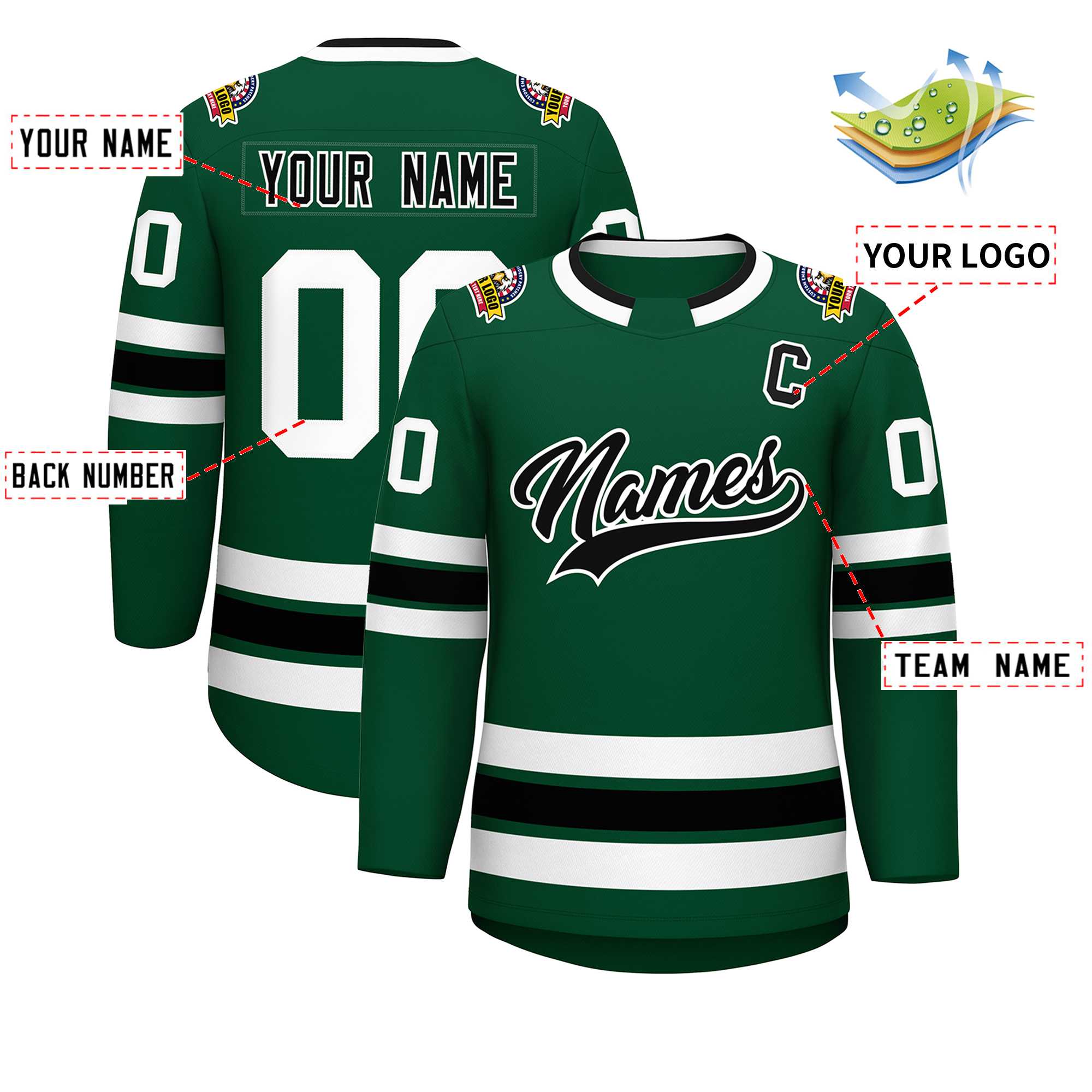 Maillot de hockey de style classique vert noir-blanc personnalisé