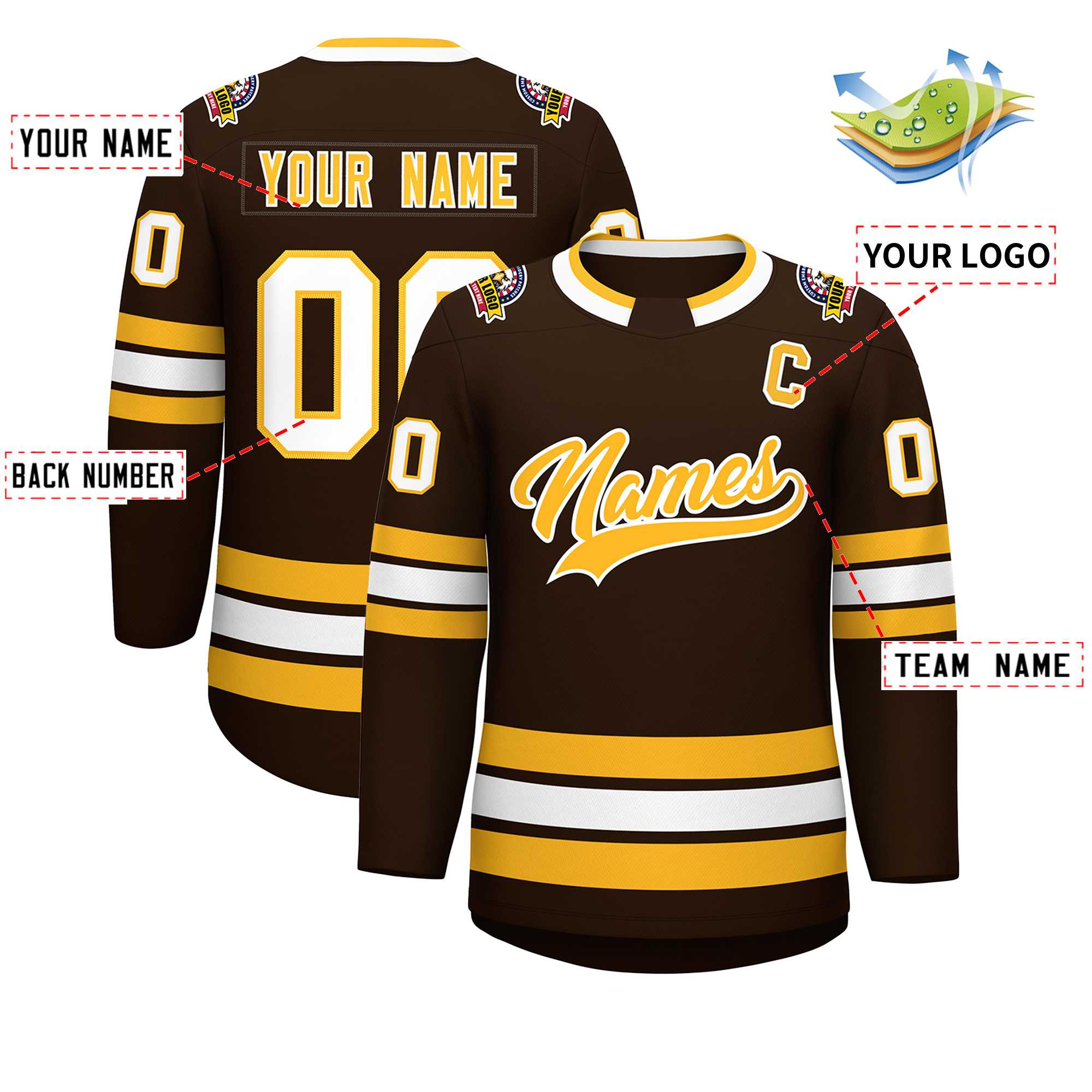 Maillot de hockey de style classique personnalisé marron or-blanc