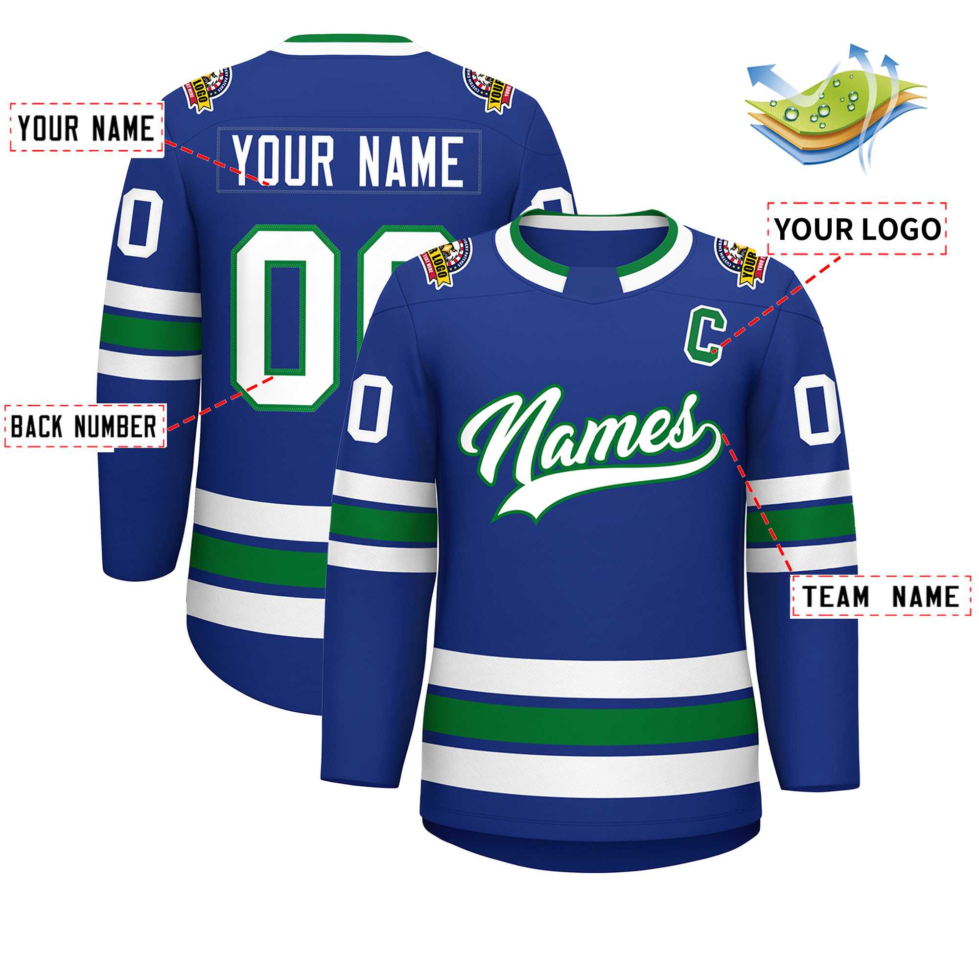 Custom Royal White-Kelly Green Classic Style Hockey Jersey