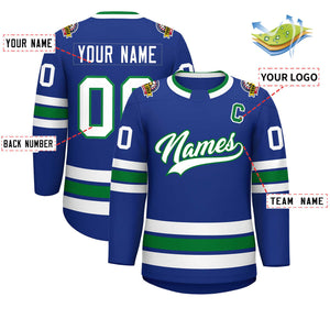 Custom Royal White-Kelly Green Classic Style Hockey Jersey