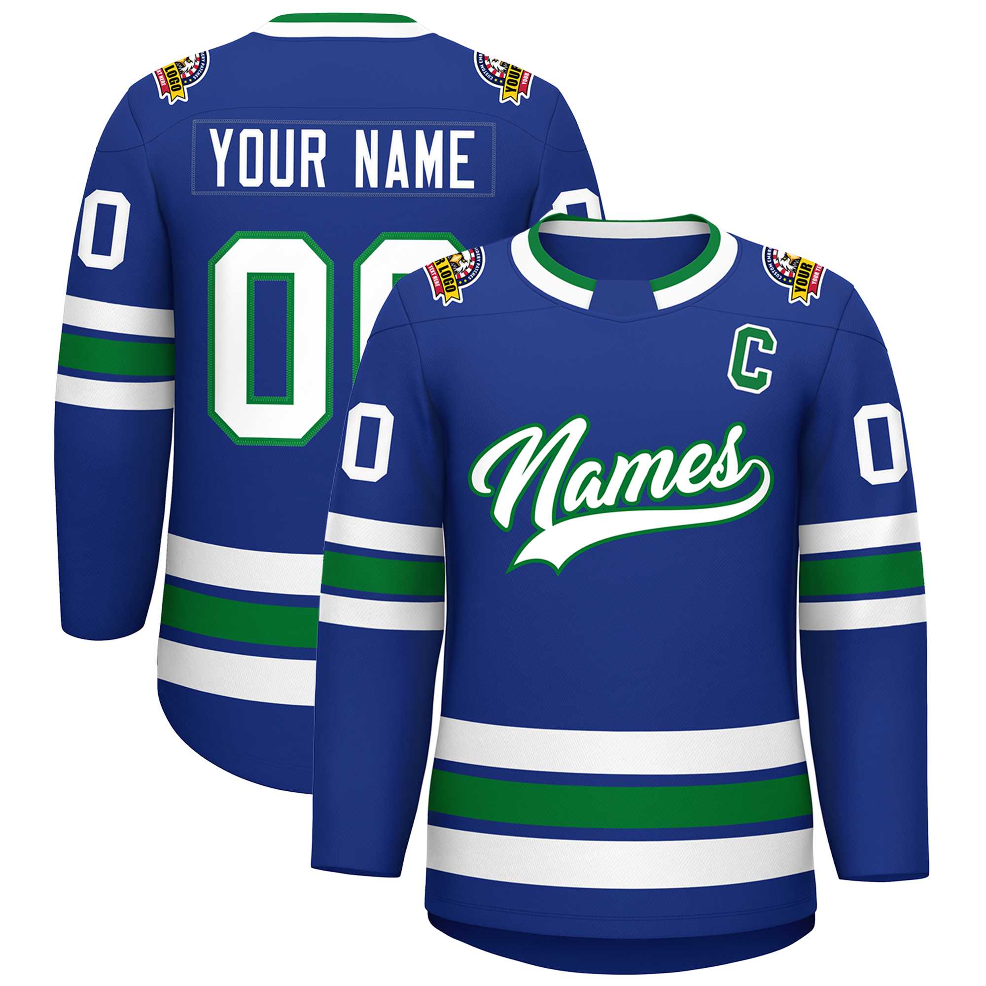 Custom Royal White-Kelly Green Classic Style Hockey Jersey