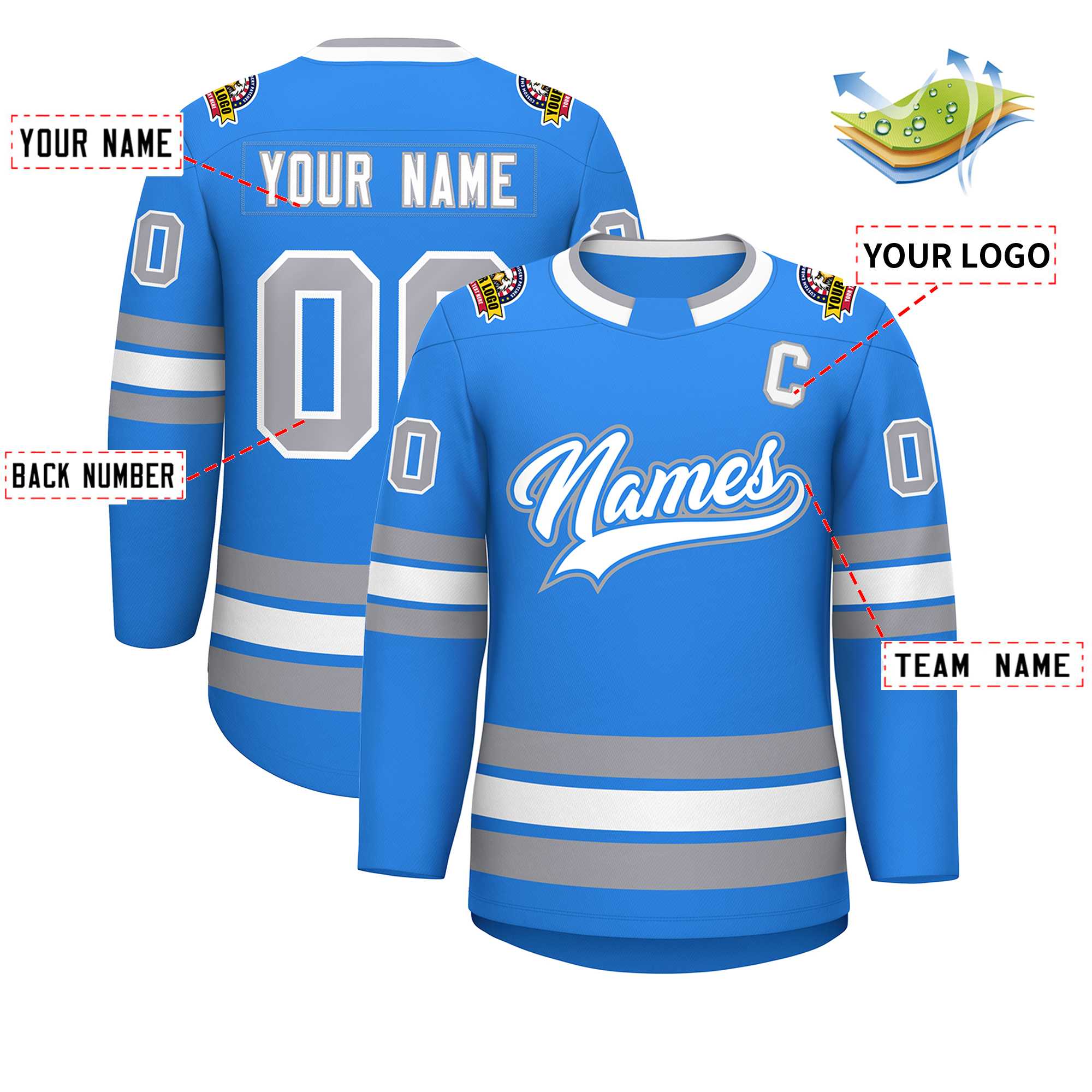 Custom Powder Blue White Powder Blue-Gray Classic Style Hockey Jersey