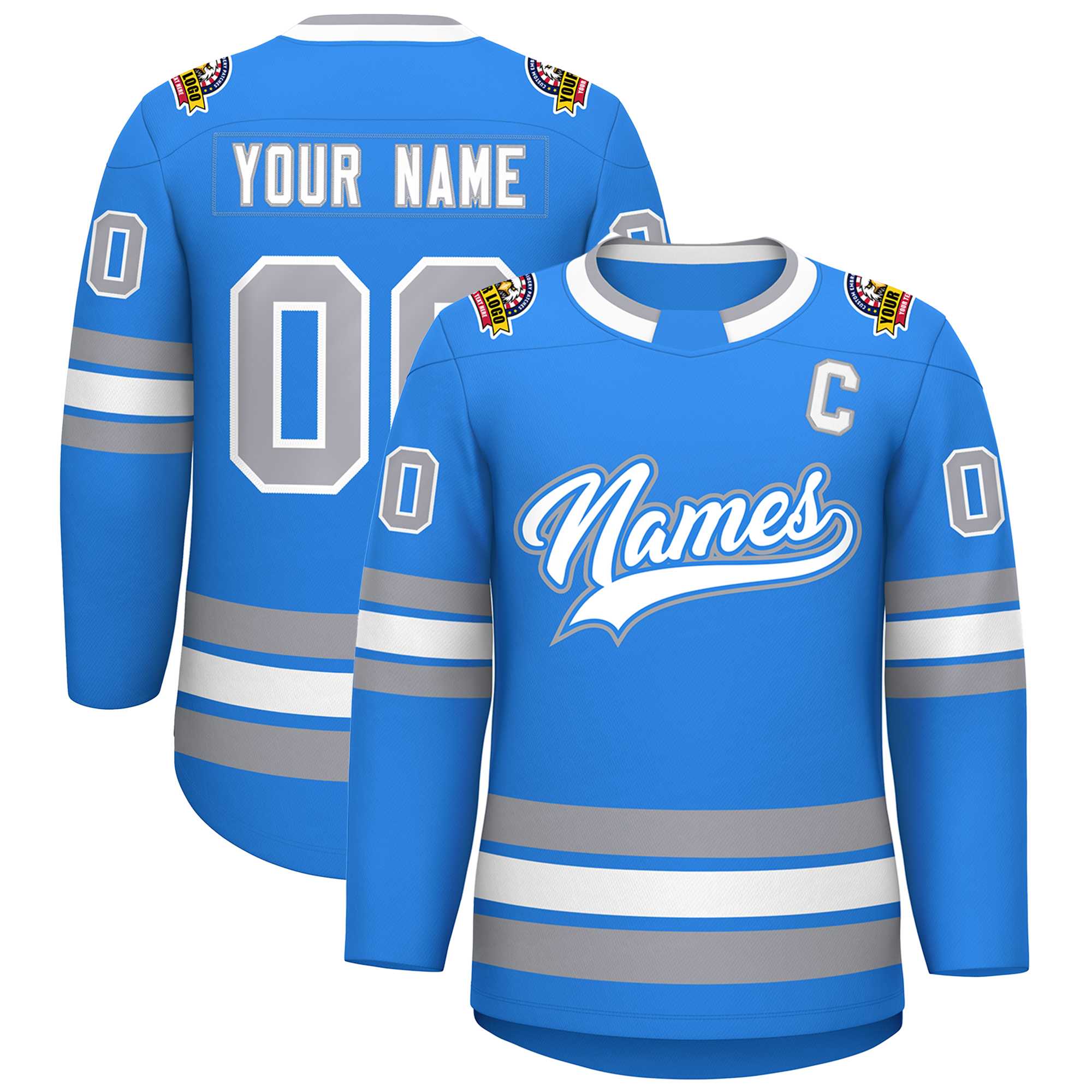 Custom Powder Blue White Powder Blue-Gray Classic Style Hockey Jersey