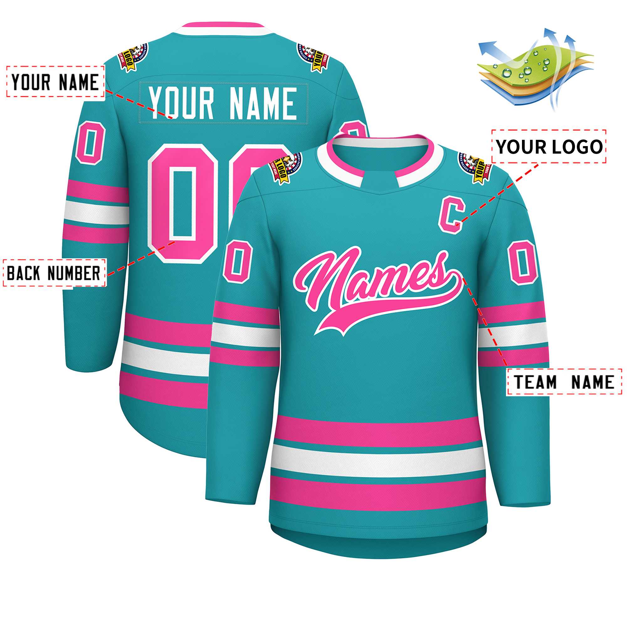 Maillot de hockey de style classique Aqua rose-blanc personnalisé