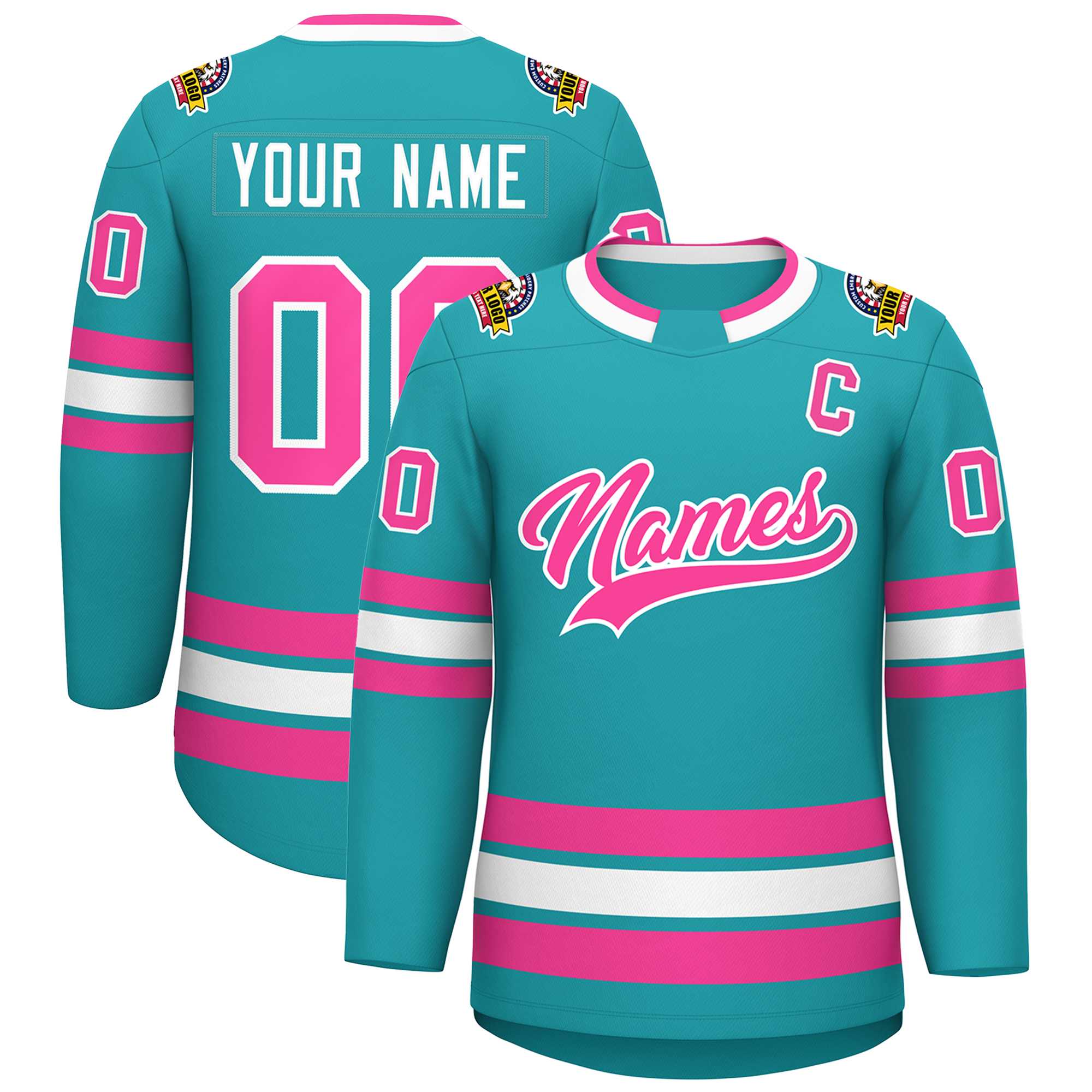 Maillot de hockey de style classique Aqua rose-blanc personnalisé