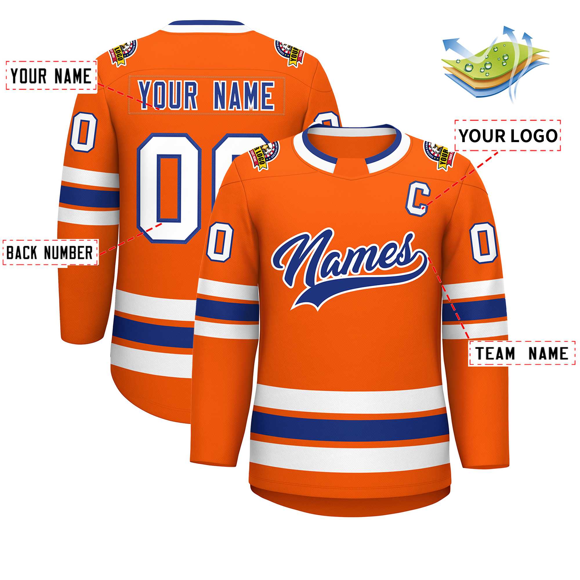 Custom Orange Royal-White Classic Style Hockey Jersey