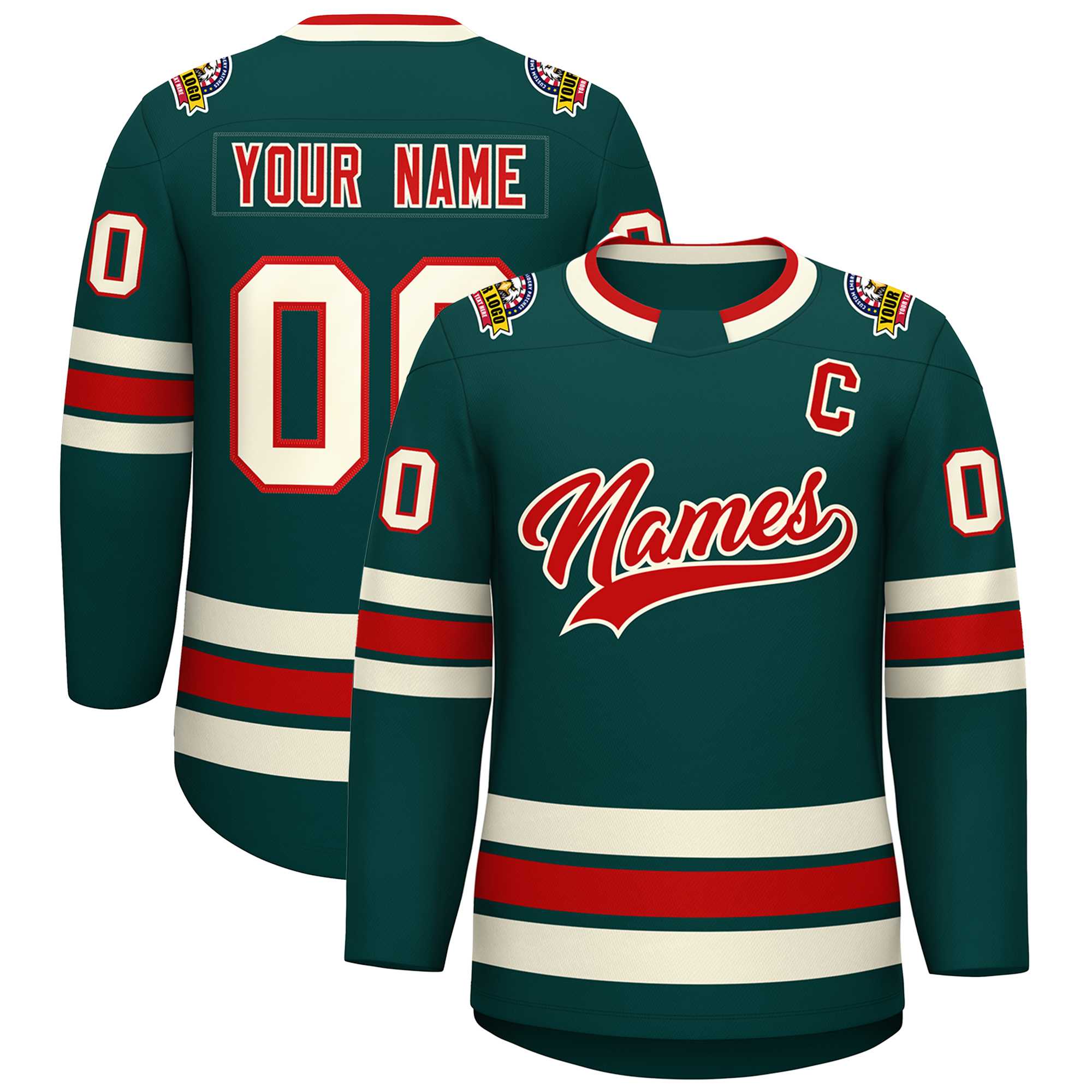 Maillot de hockey personnalisé de style classique, vert minuit, rouge-kaki