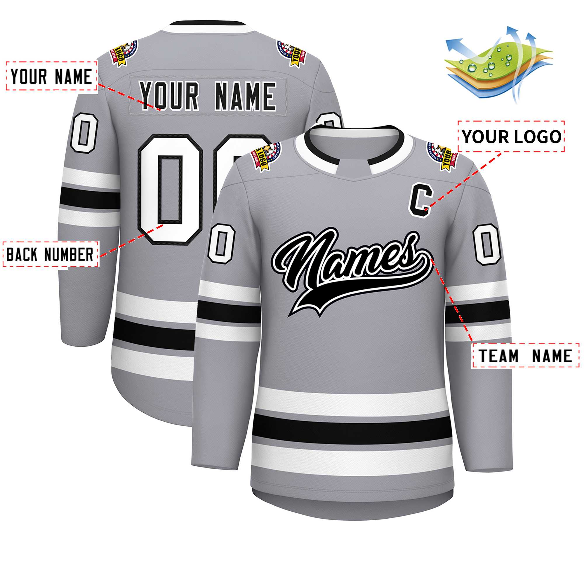 Maillot de hockey de style classique personnalisé gris noir blanc-noir