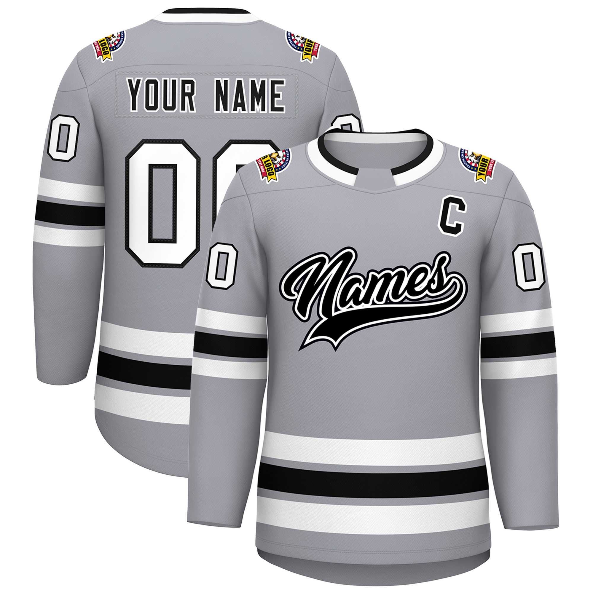 Custom Gray Black White-Black Classic Style Hockey Jersey