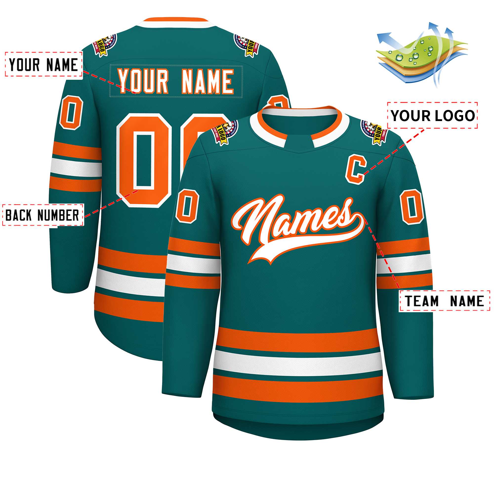 Custom Teal White-Orange Classic Style Hockey Jersey