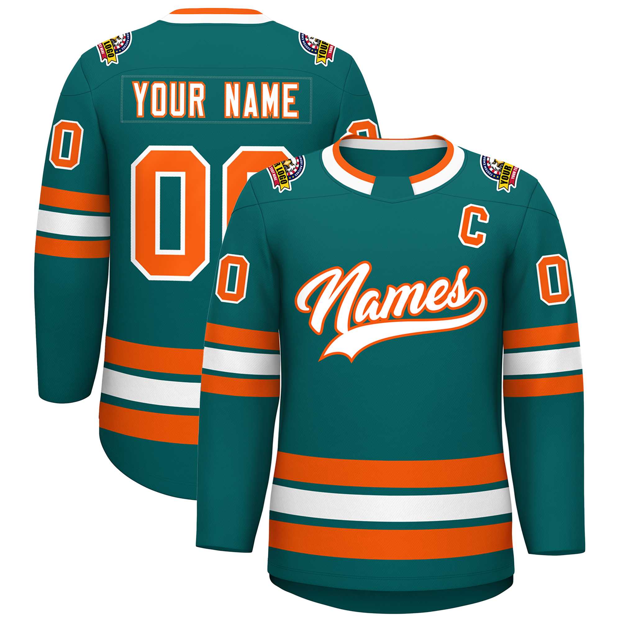 Custom Teal White-Orange Classic Style Hockey Jersey