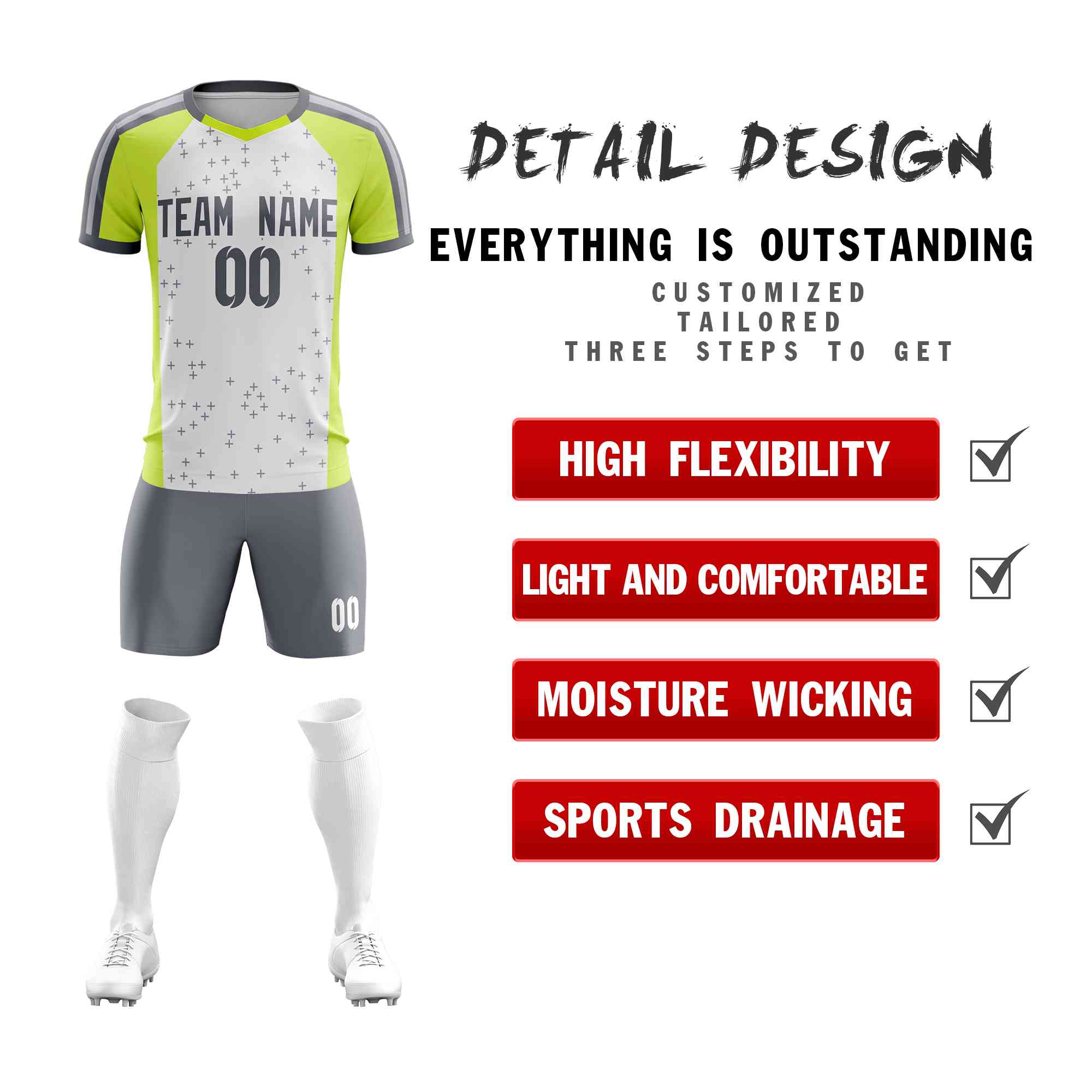 Custom White Gray Breathable Sport Soccer Sets Jersey