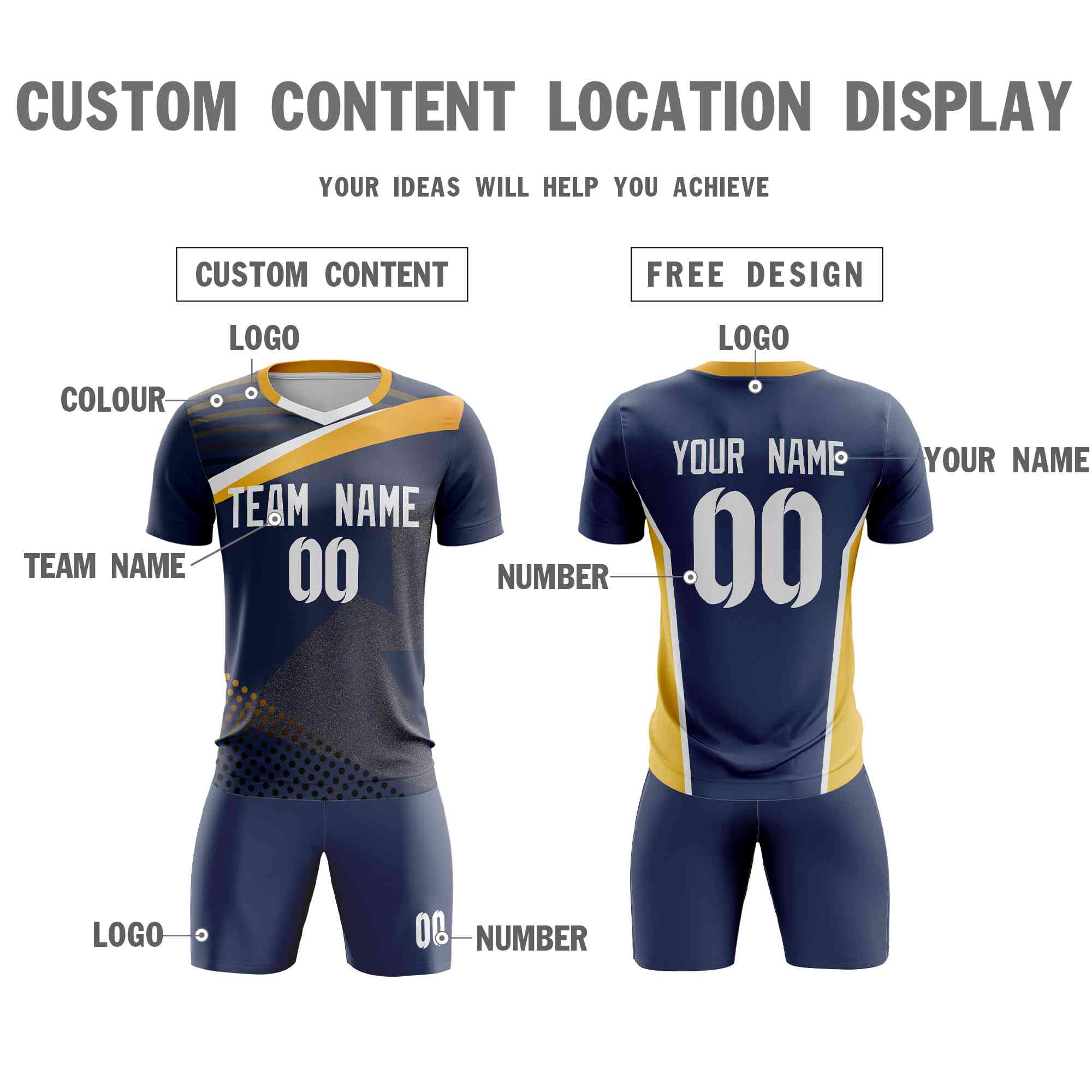 Custom Navy Orange Breathable Sport Soccer Sets Jersey