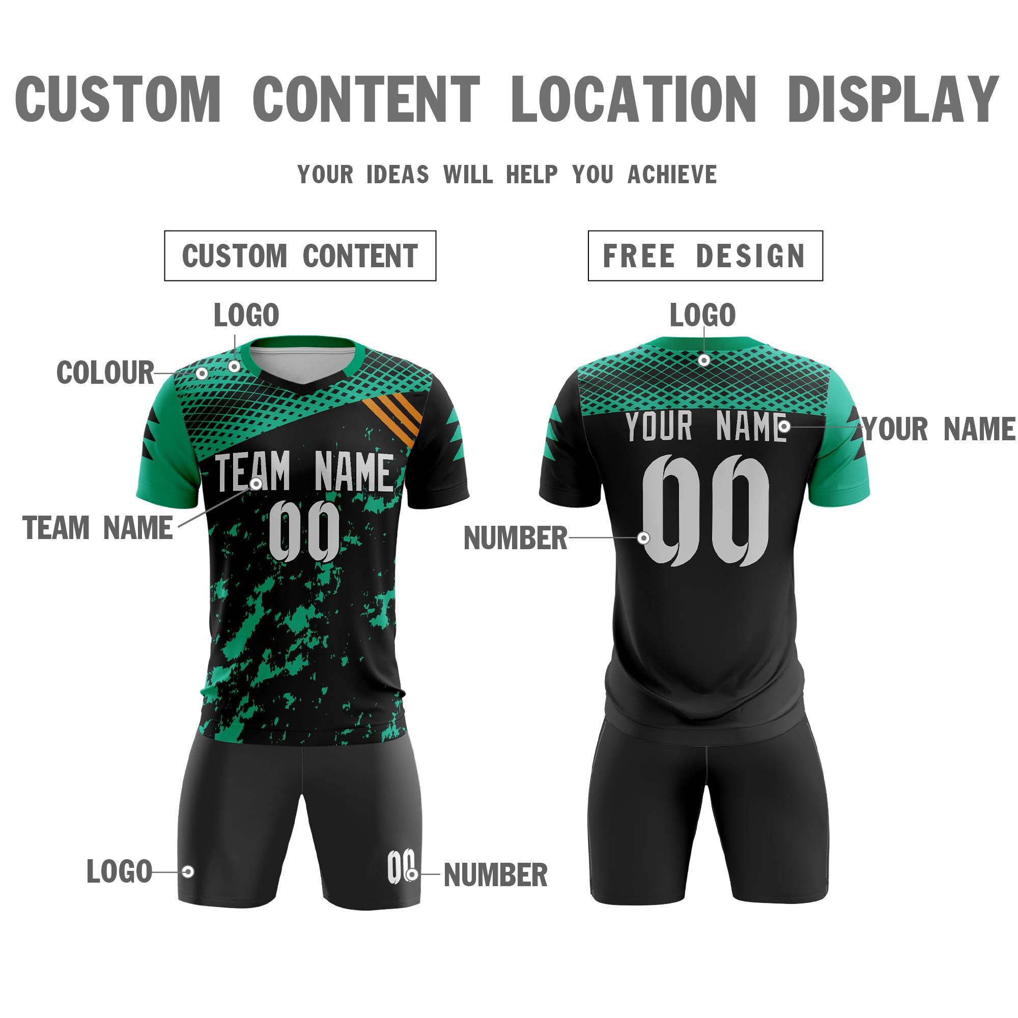 Custom Black White Green Breathable Sport Soccer Sets Jersey