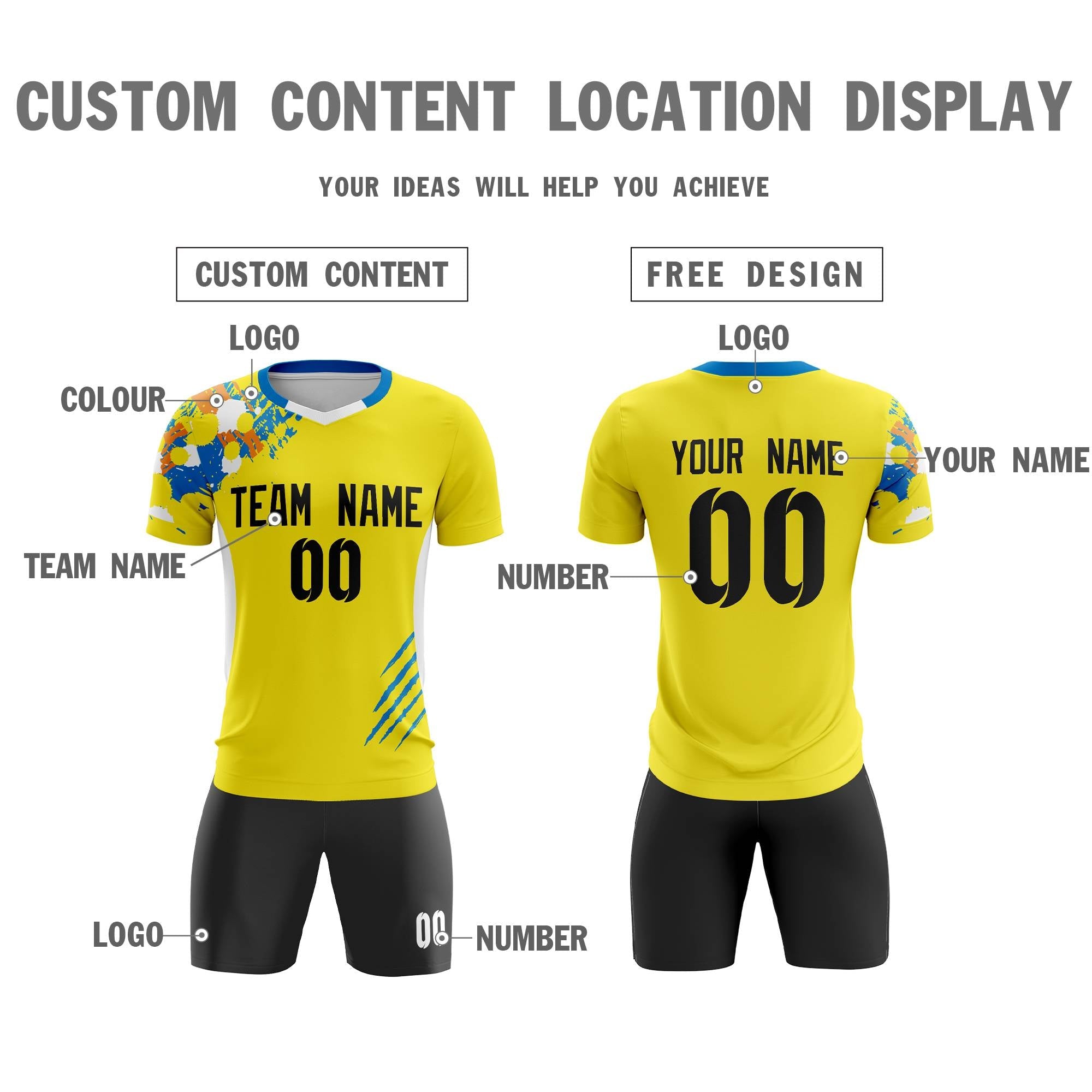 Custom Yellow Black Outdoor Sport Soccer Sets Jersey