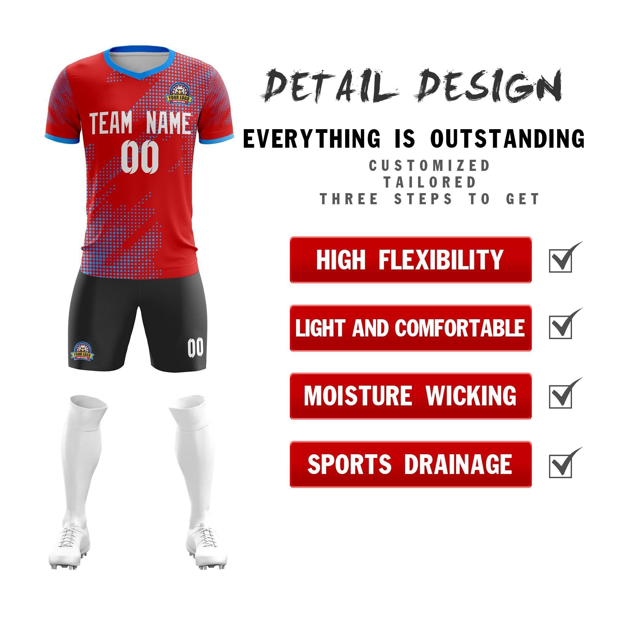 Custom Red White Casual Sport Soccer Sets Jersey