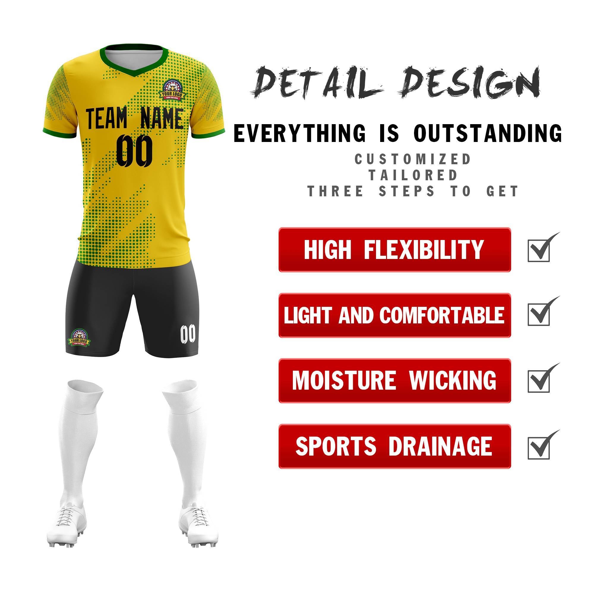 Custom Yellow Black Casual Sport Soccer Sets Jersey