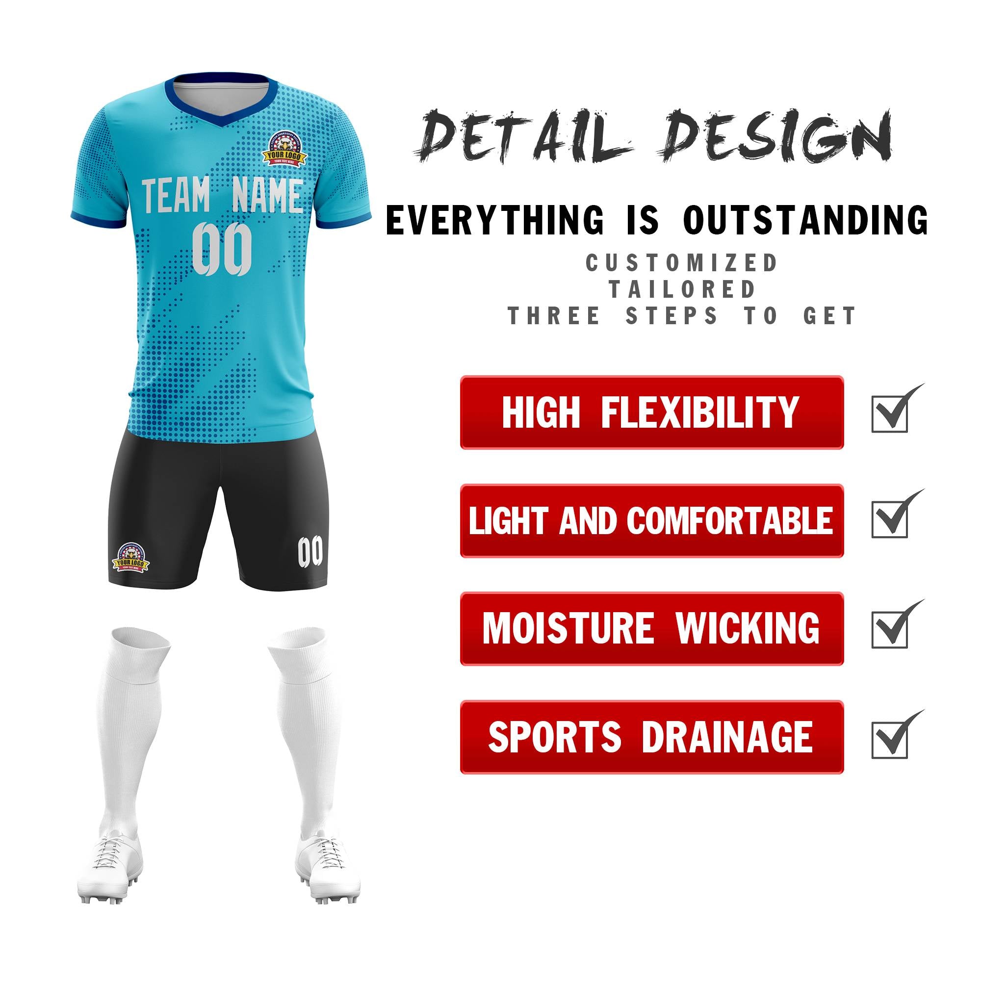 Custom Light Blue White Casual Sport Soccer Sets Jersey