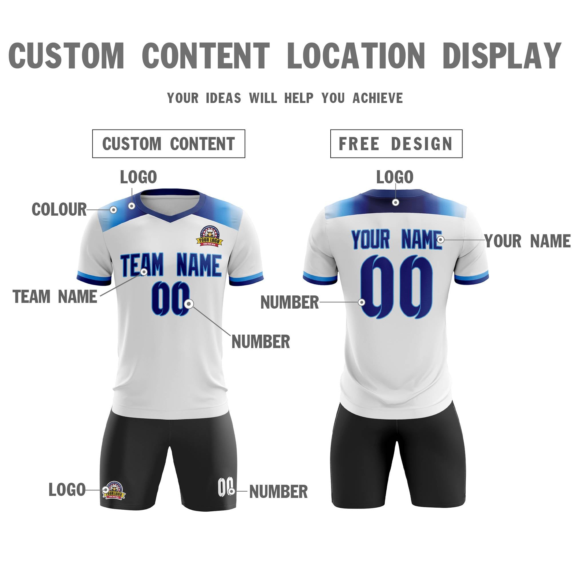 Custom White Royal Casual Sport Soccer Sets Jersey