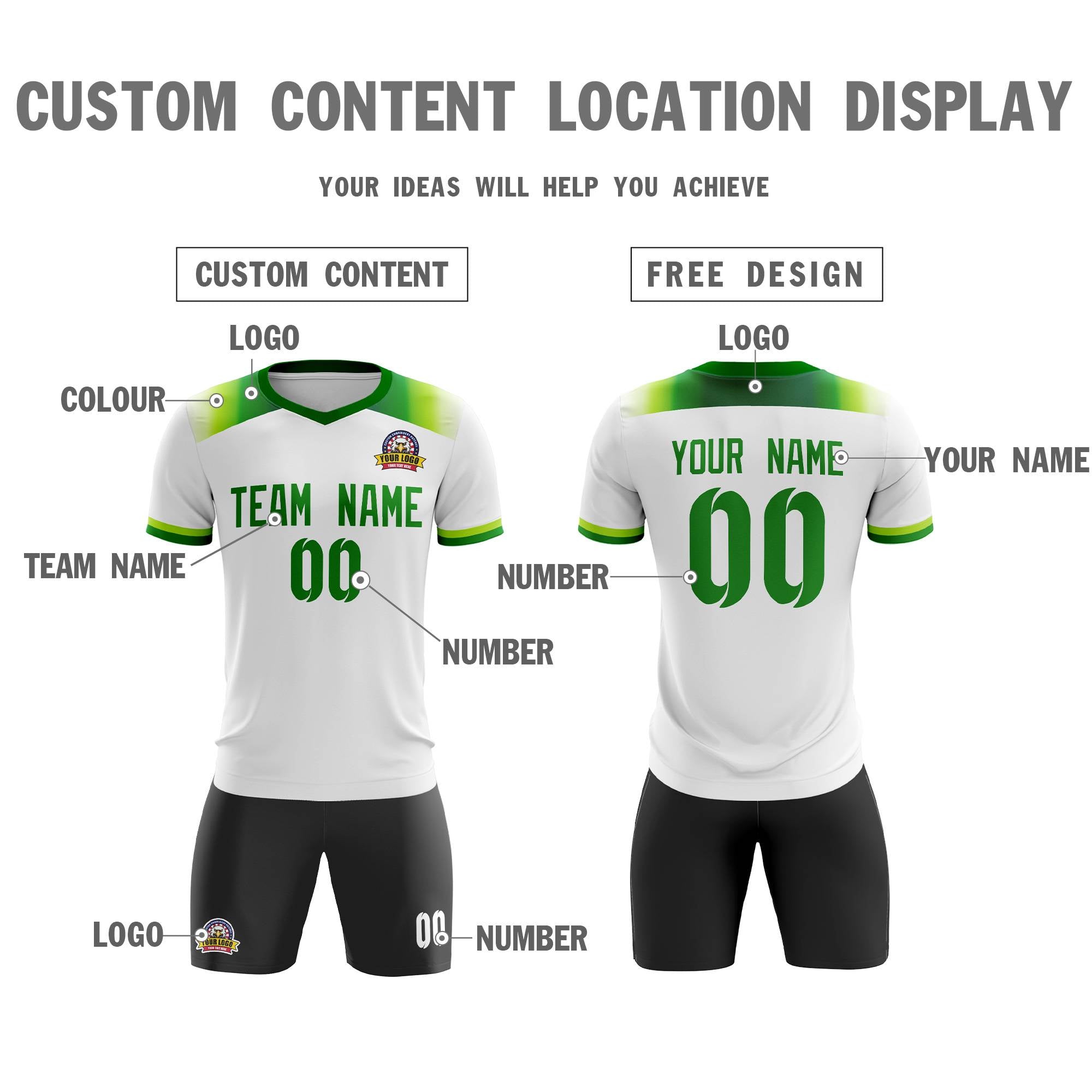 Custom White Green Casual Sport Soccer Sets Jersey