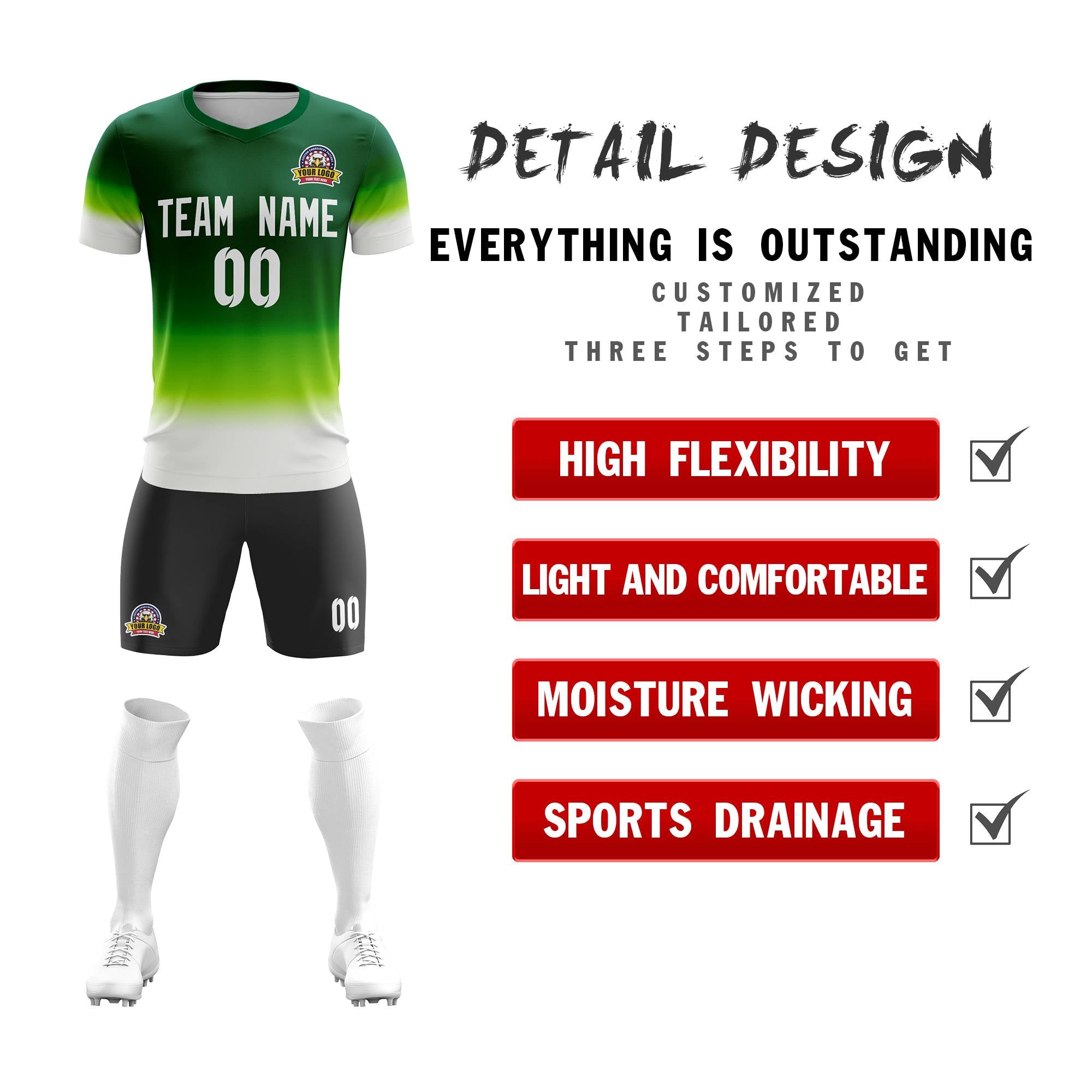 Custom Green White Casual Sport Soccer Sets Jersey