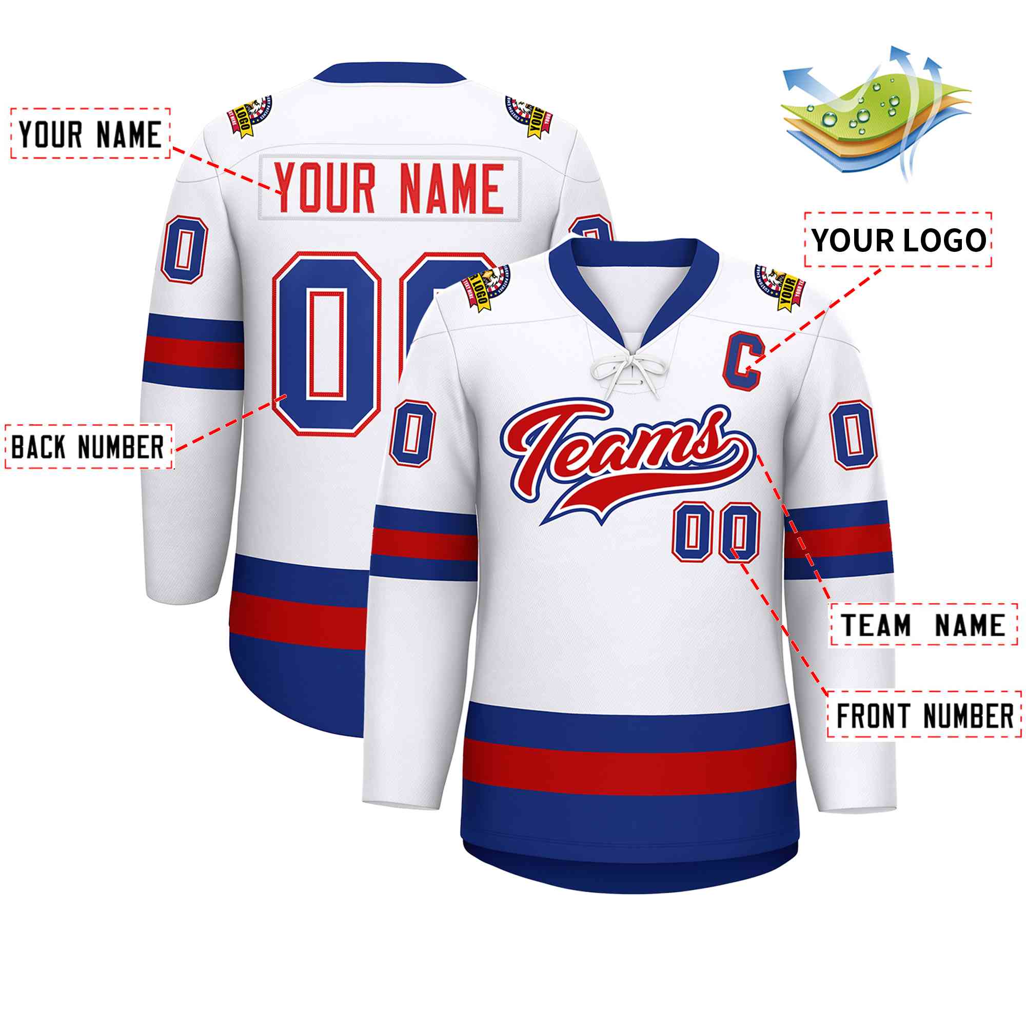 Custom White Red-Royal Lace-Up Neck Hockey Jersey