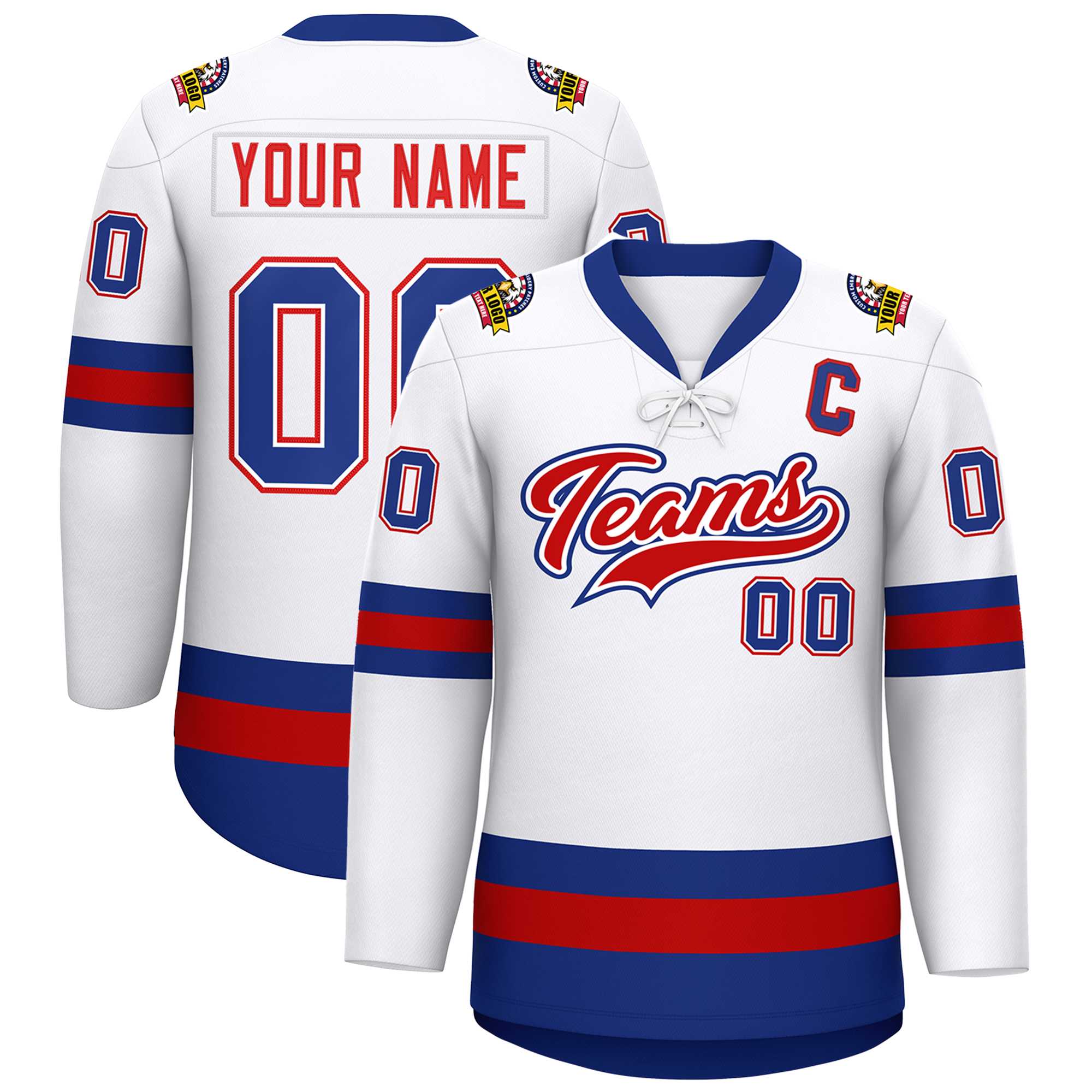 Custom White Red-Royal Lace-Up Neck Hockey Jersey