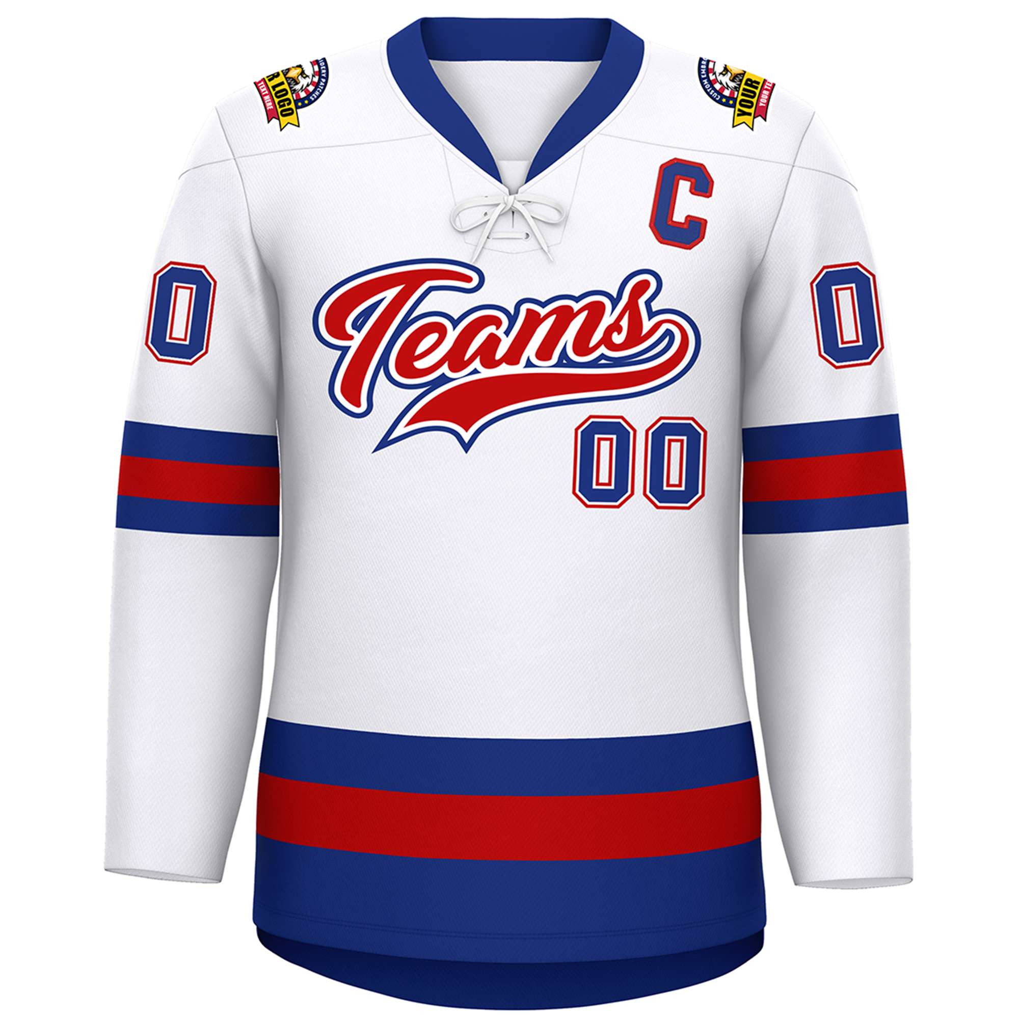 Custom White Red-Royal Lace-Up Neck Hockey Jersey