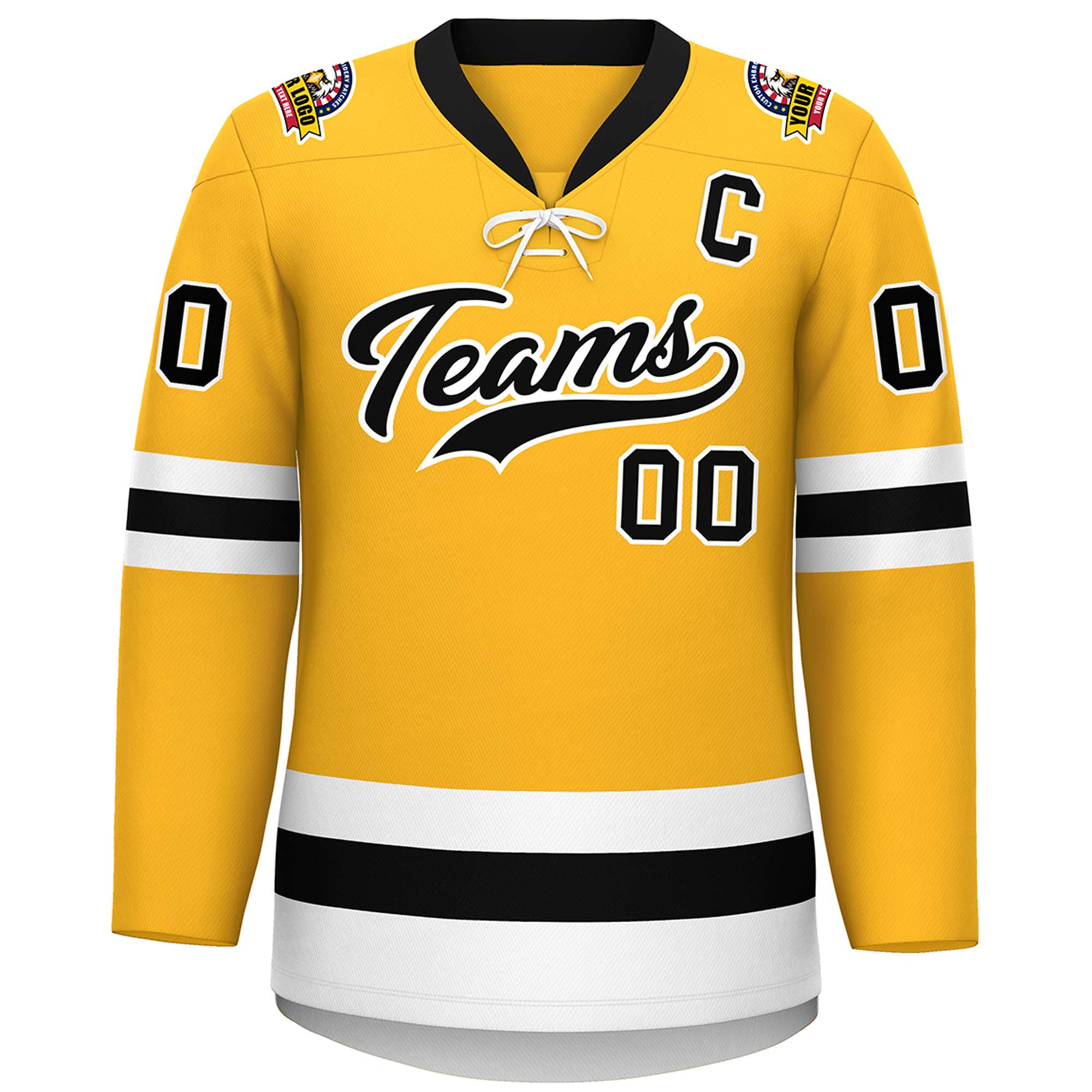 Custom Gold Black-White Lace-Up Neck Hockey Jersey