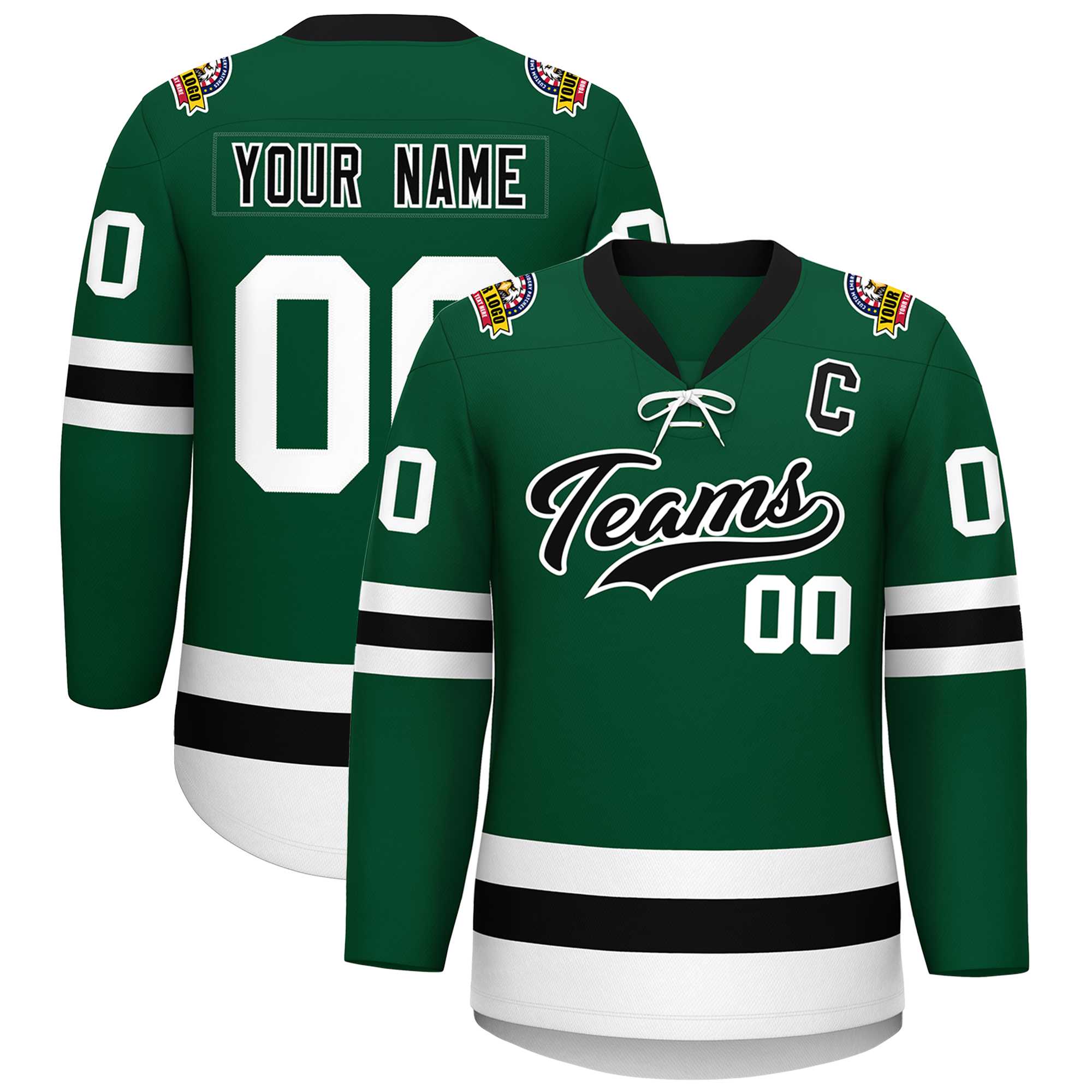 Custom Green Black-White Lace-Up Neck Hockey Jersey