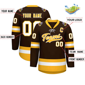 Custom Brown Gold-White Lace-Up Neck Hockey Jersey