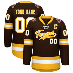 Custom Brown Gold-White Lace-Up Neck Hockey Jersey