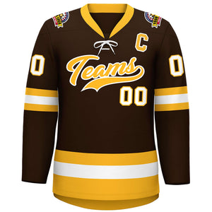 Custom Brown Gold-White Lace-Up Neck Hockey Jersey