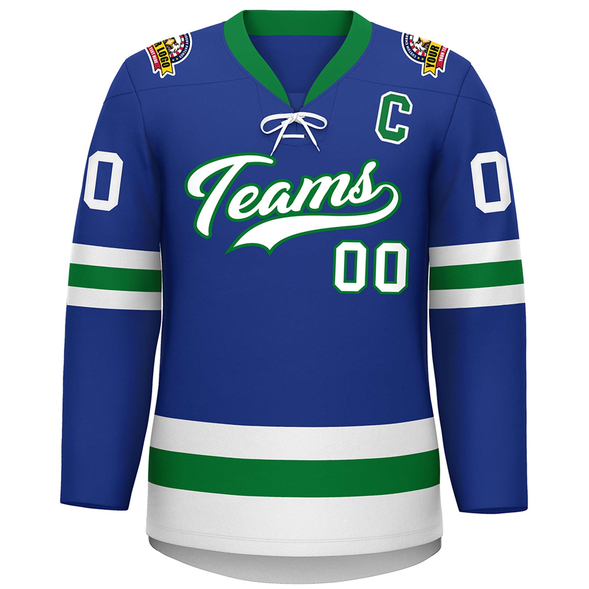 Custom Royal Kelly Green-White Lace-Up Neck Hockey Jersey