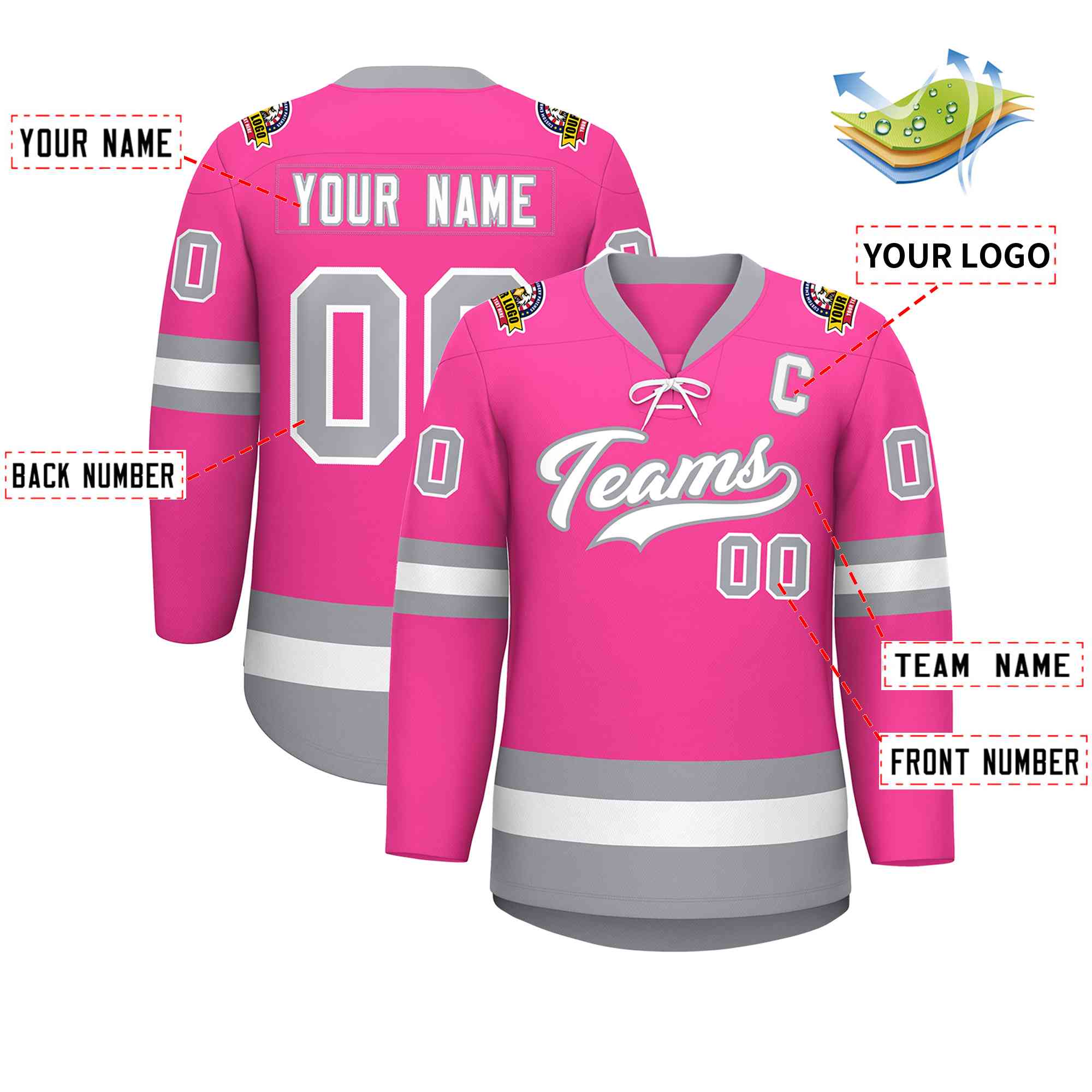 Custom Pink White-Gray Lace-Up Neck Hockey Jersey