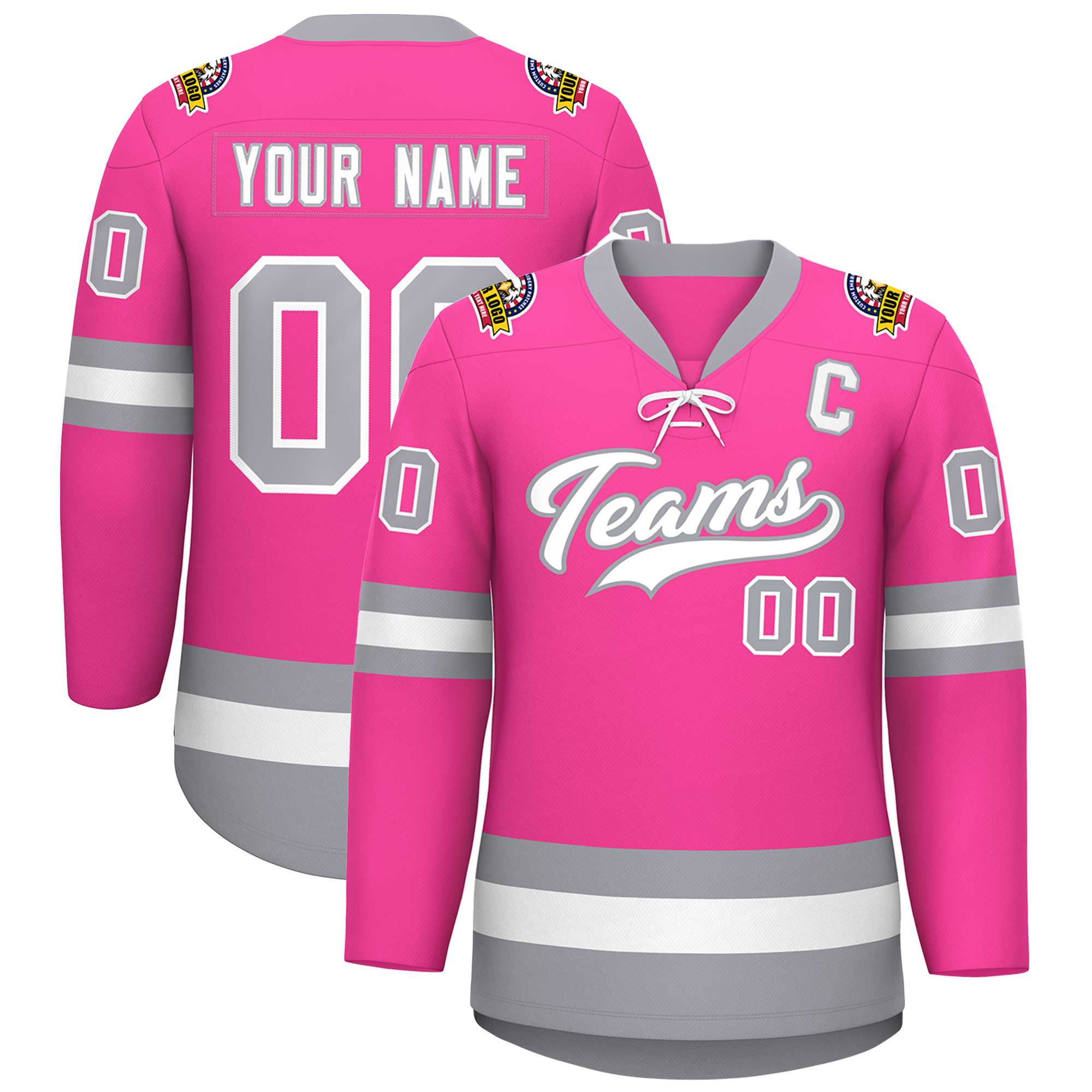 Custom Pink White-Gray Lace-Up Neck Hockey Jersey