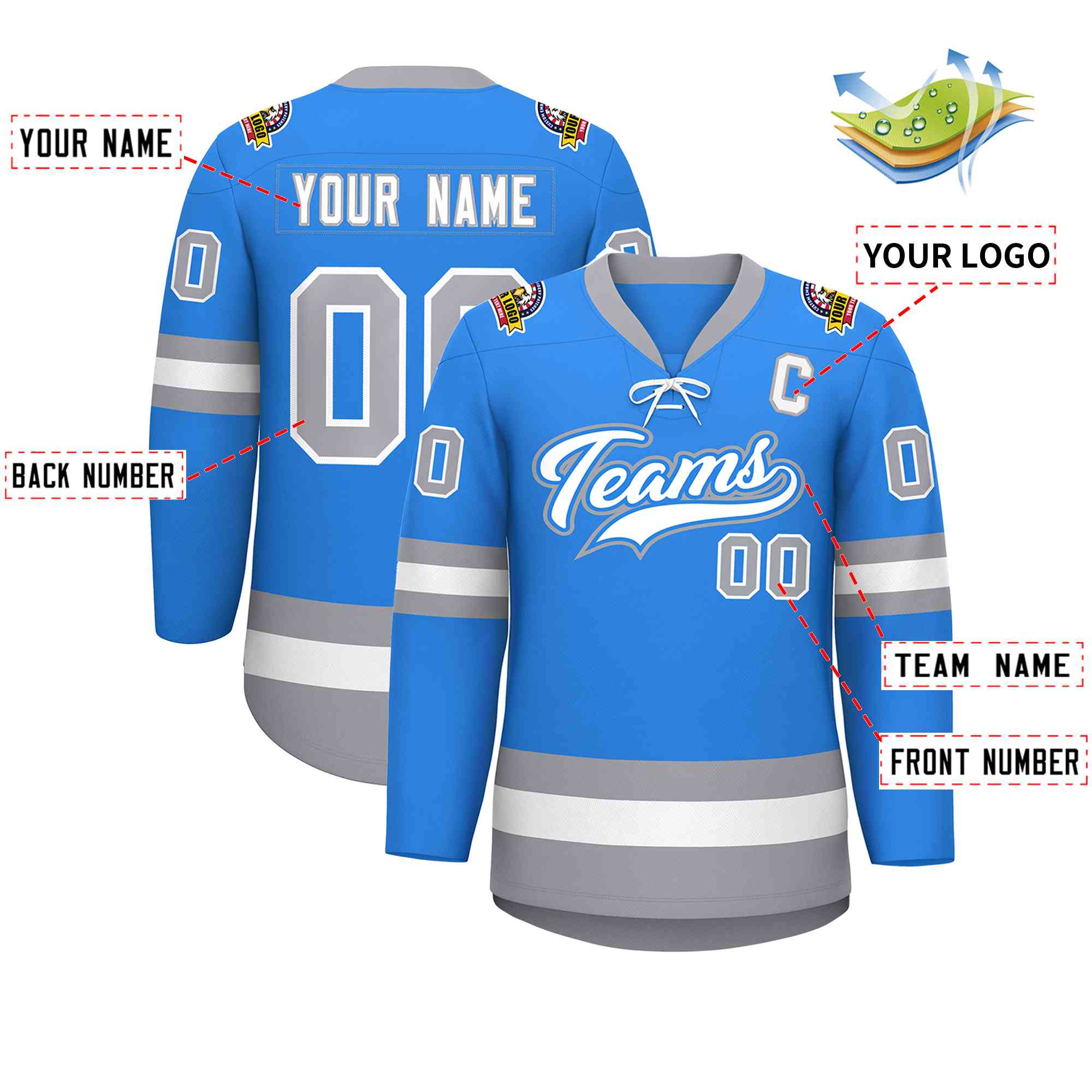 Custom Powder Blue White-Gray Lace-Up Neck Hockey Jersey