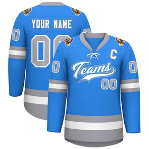 Custom Powder Blue White-Gray Lace-Up Neck Hockey Jersey