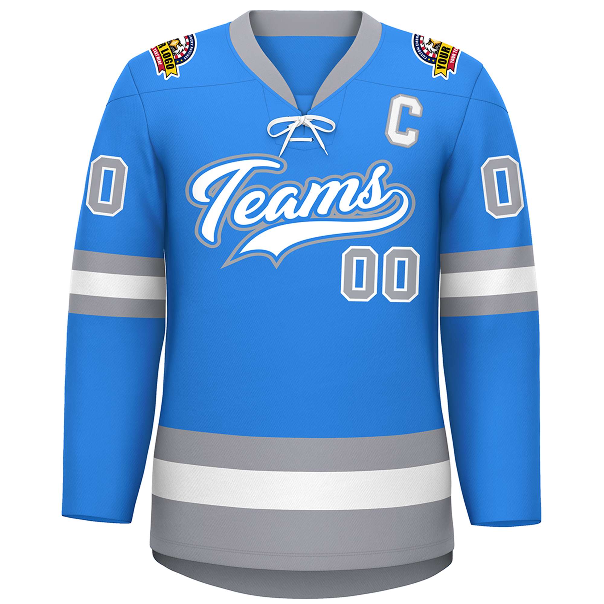 Custom Powder Blue White-Gray Lace-Up Neck Hockey Jersey