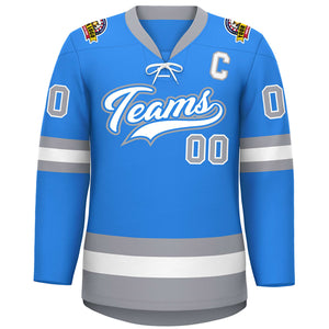 Custom Powder Blue White-Gray Lace-Up Neck Hockey Jersey