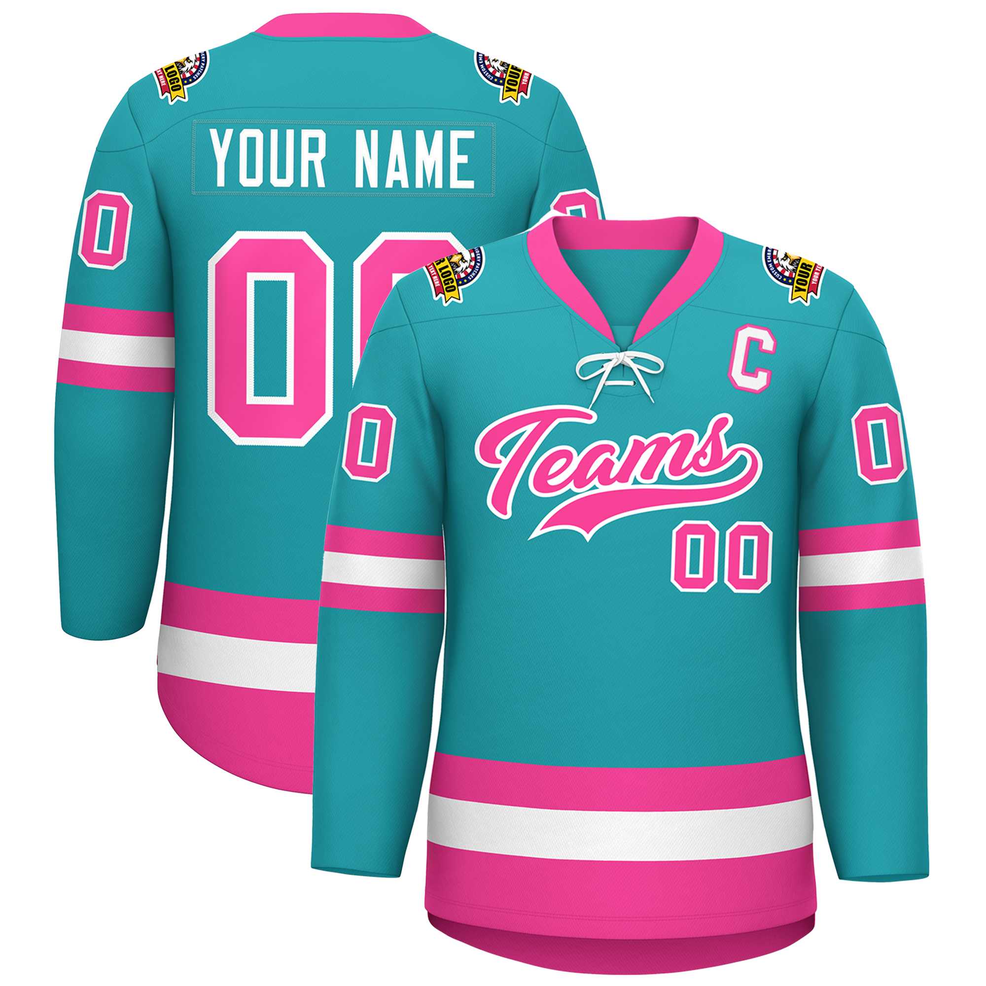 Custom Aqua Pink-White Lace-Up Neck Hockey Jersey