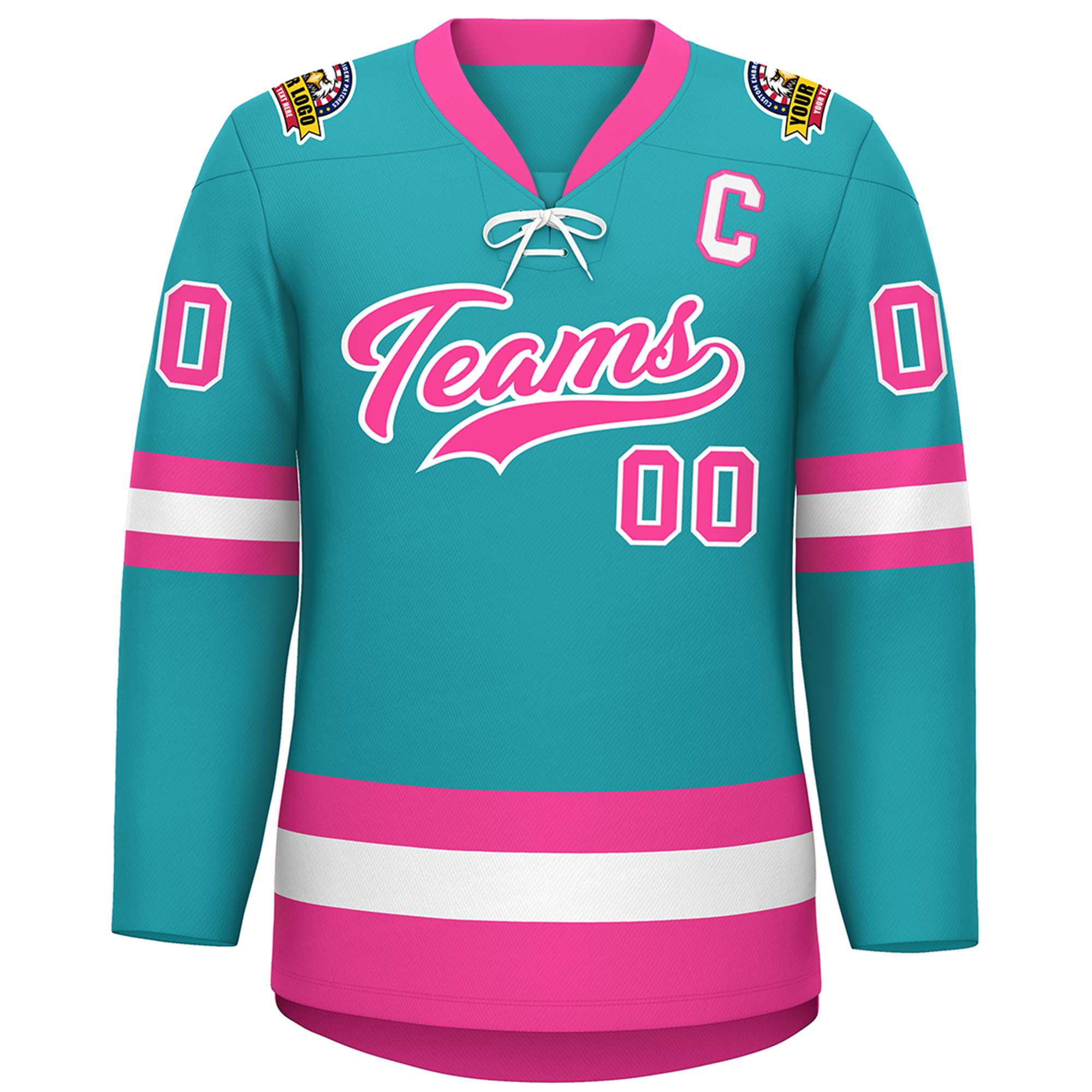 Custom Aqua Pink-White Lace-Up Neck Hockey Jersey