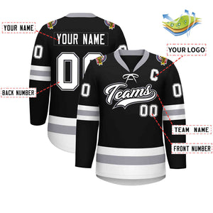 Custom Black White-Gray Lace-Up Neck Hockey Jersey