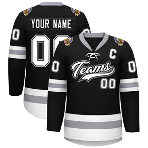 Custom Black White-Gray Lace-Up Neck Hockey Jersey