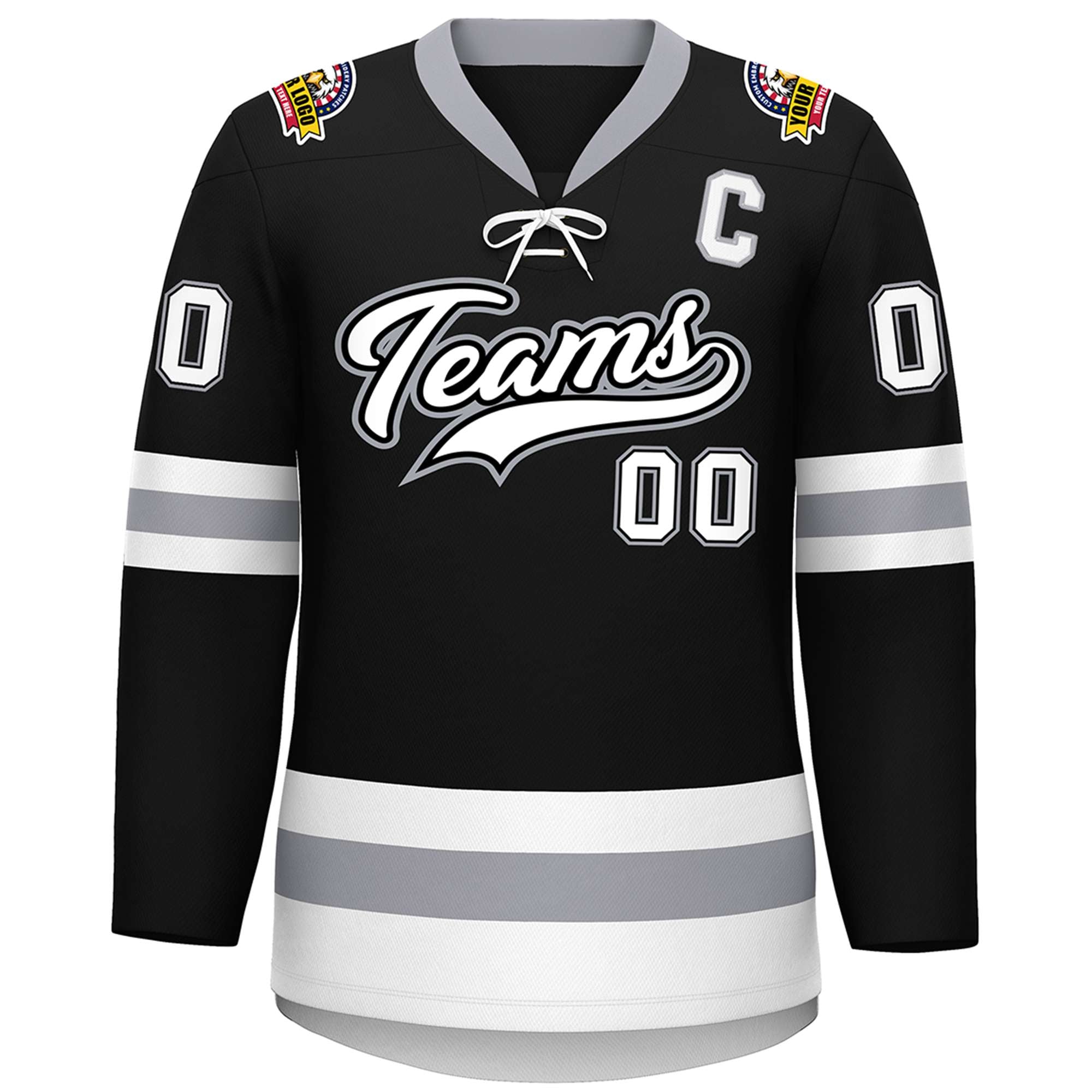 Custom Black White-Gray Lace-Up Neck Hockey Jersey