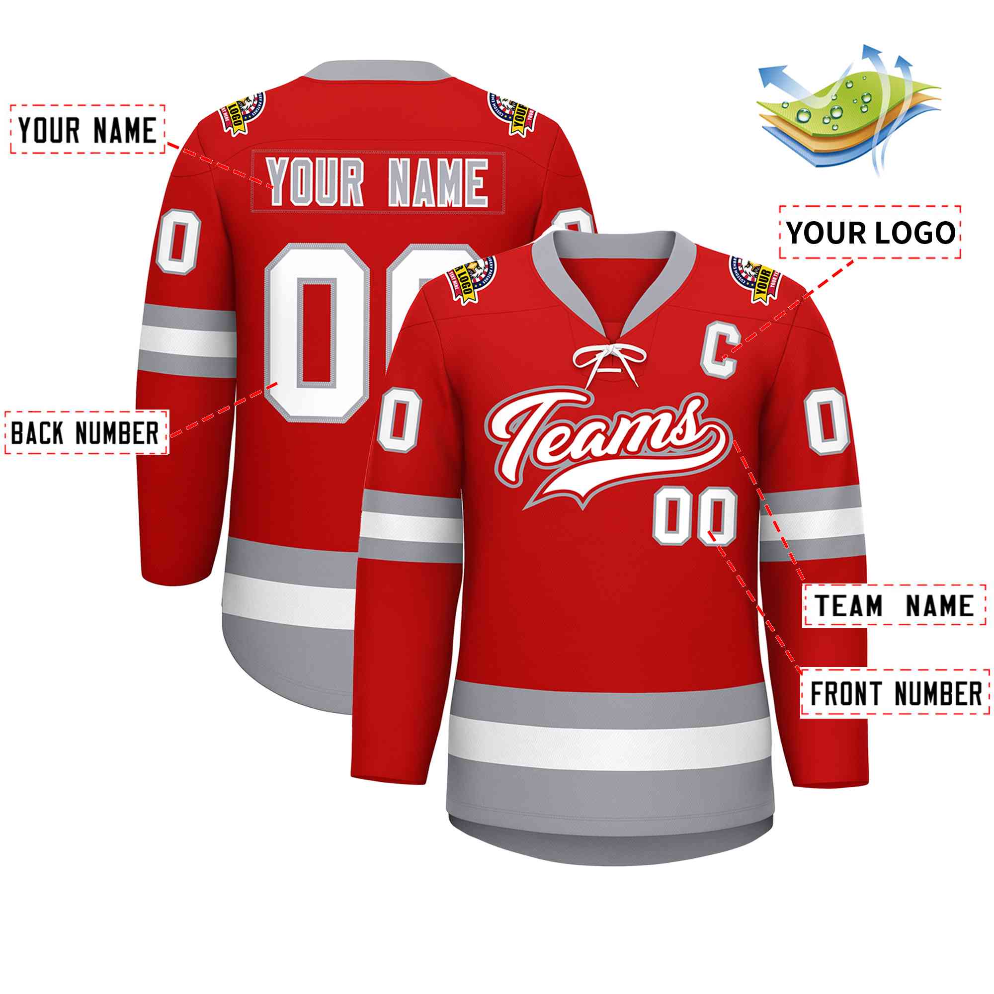 Custom Red White-Gray Lace-Up Neck Hockey Jersey