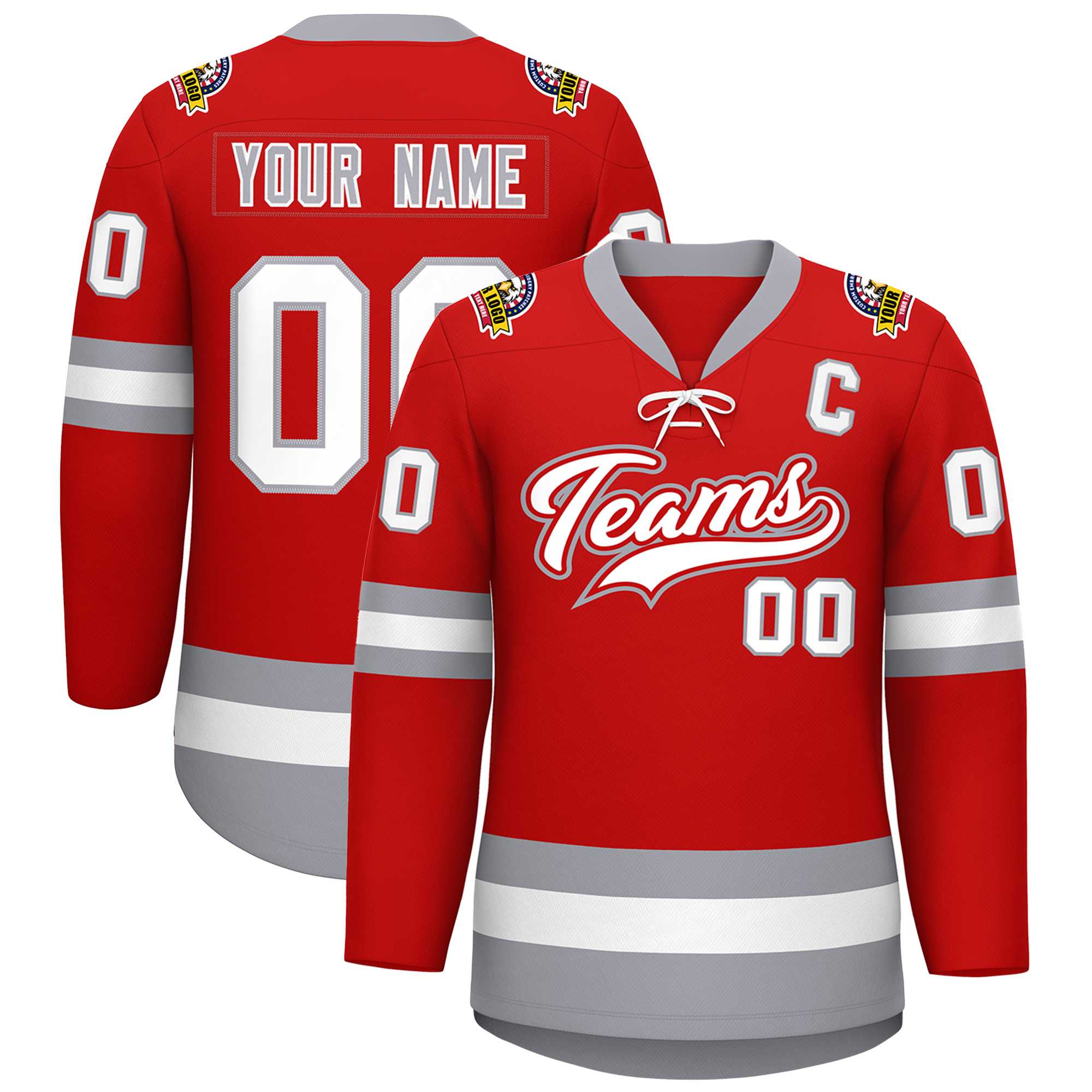 Custom Red White-Gray Lace-Up Neck Hockey Jersey