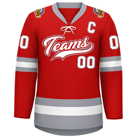 Custom Red White-Gray Lace-Up Neck Hockey Jersey