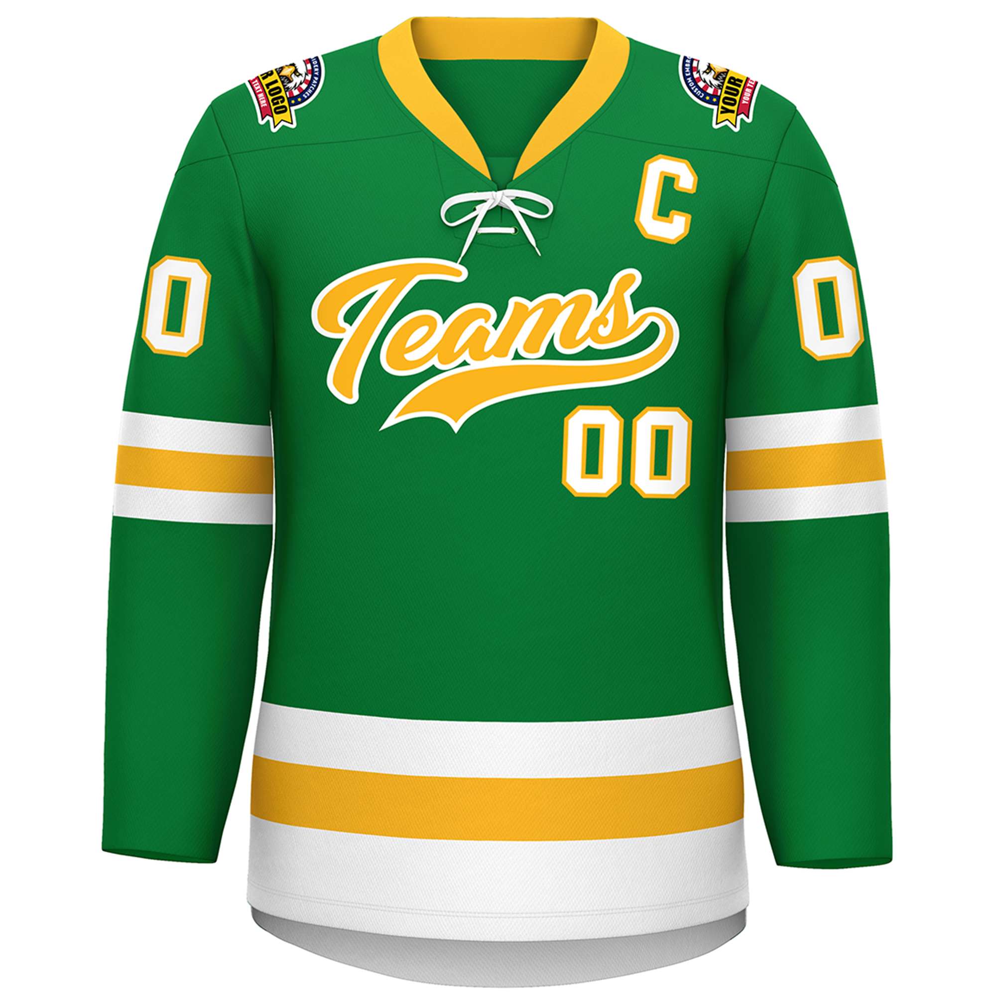 Custom Kelly Green Gold-White Lace-Up Neck Hockey Jersey